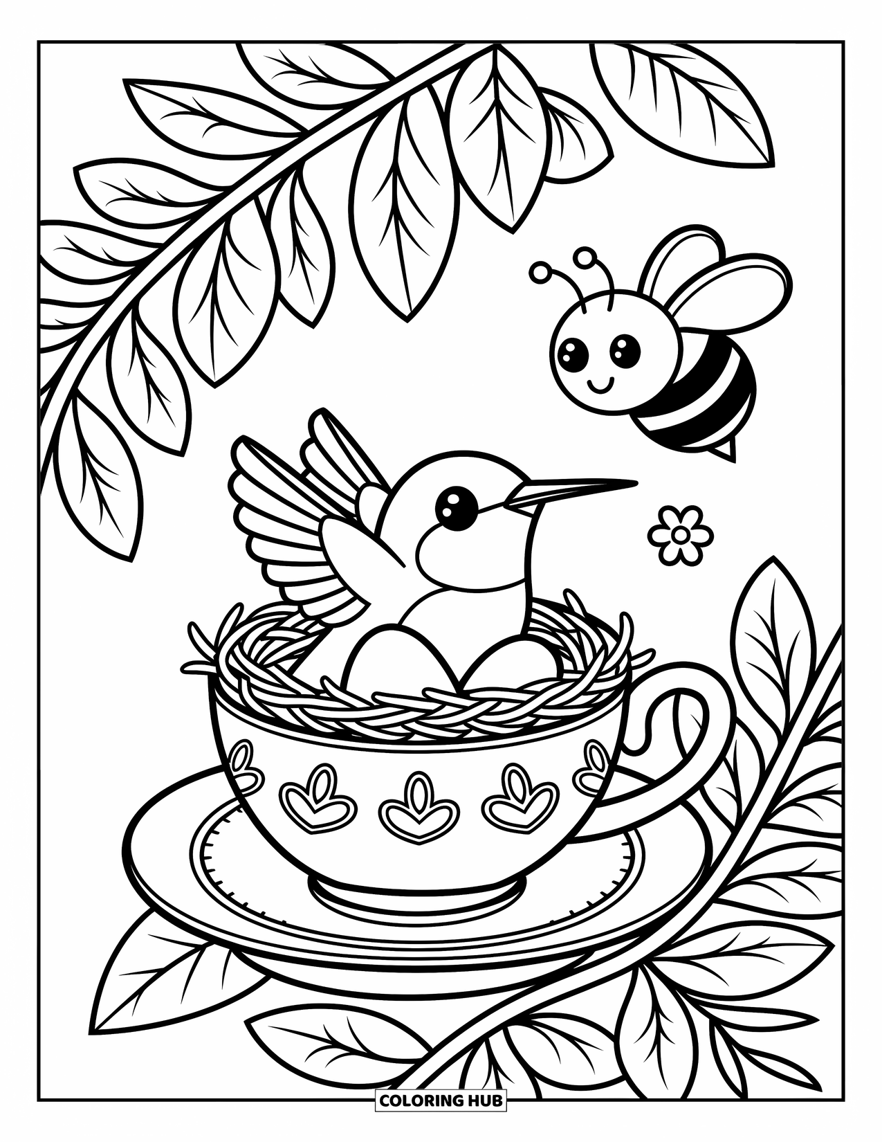 Kolibrie Kleurplaat voor Volwassenen: Een klein vogeltje nestelt in een theekopje met twee eieren en een bloemdragende bij