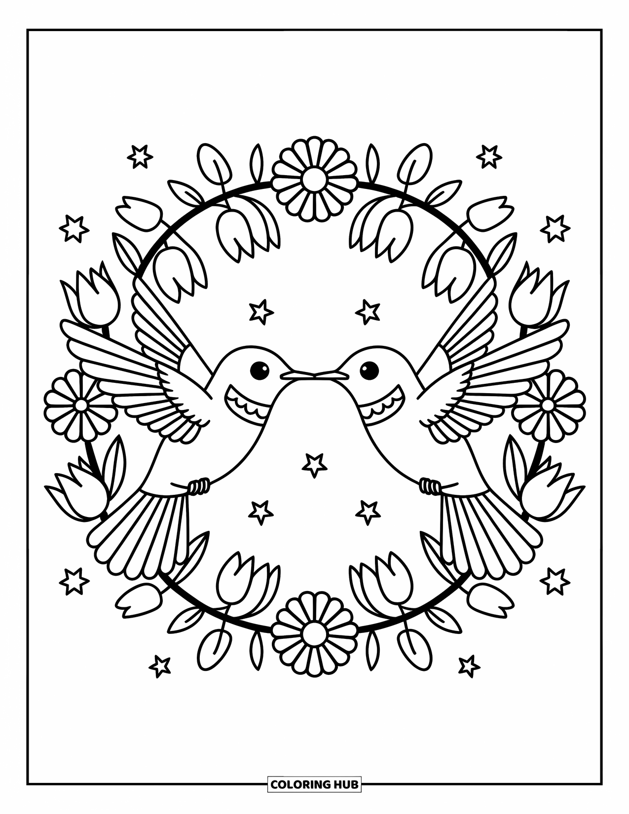 Kolibrie Kleurplaat voor Volwassenen: Hartvormige kolibries zweven boven tulpen, madeliefjes en speelse kleine details