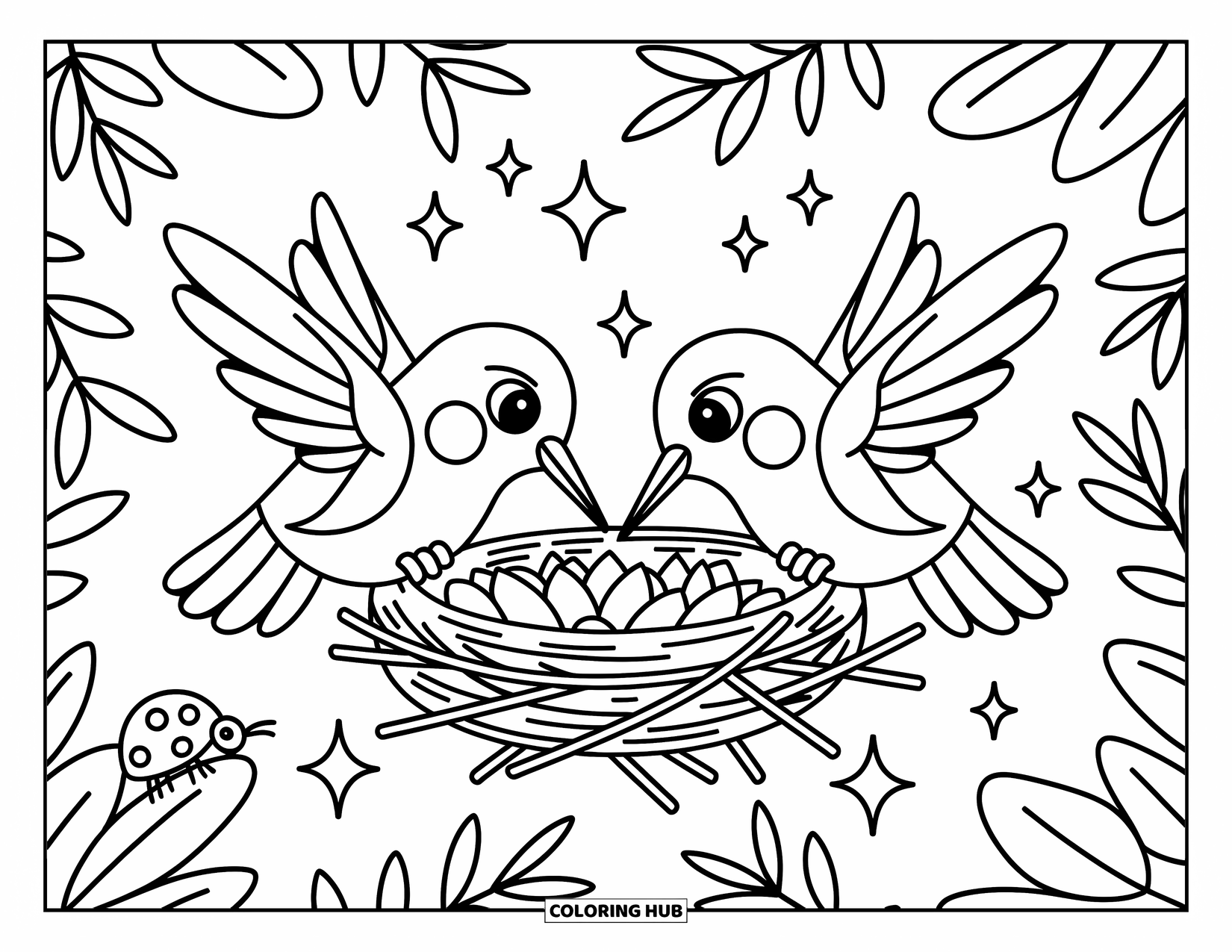 Kolibrie Kleurplaat voor Volwassenen: Kolibries bouwen een nest met bloemblaadjes en een nieuwsgierig lieveheersbeestje in de buurt
