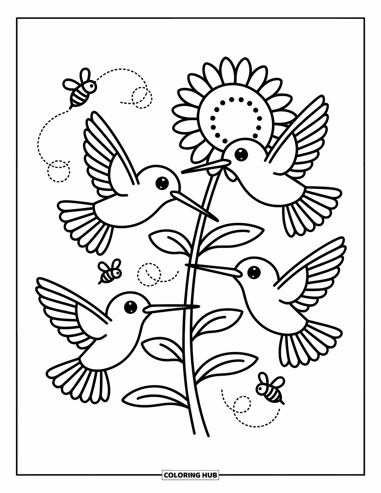 Kolibrie Kleurplaat voor Volwassenen: Kolibries fladderen rond een zonnebloem met bijen en bladeren die in de lucht dansen