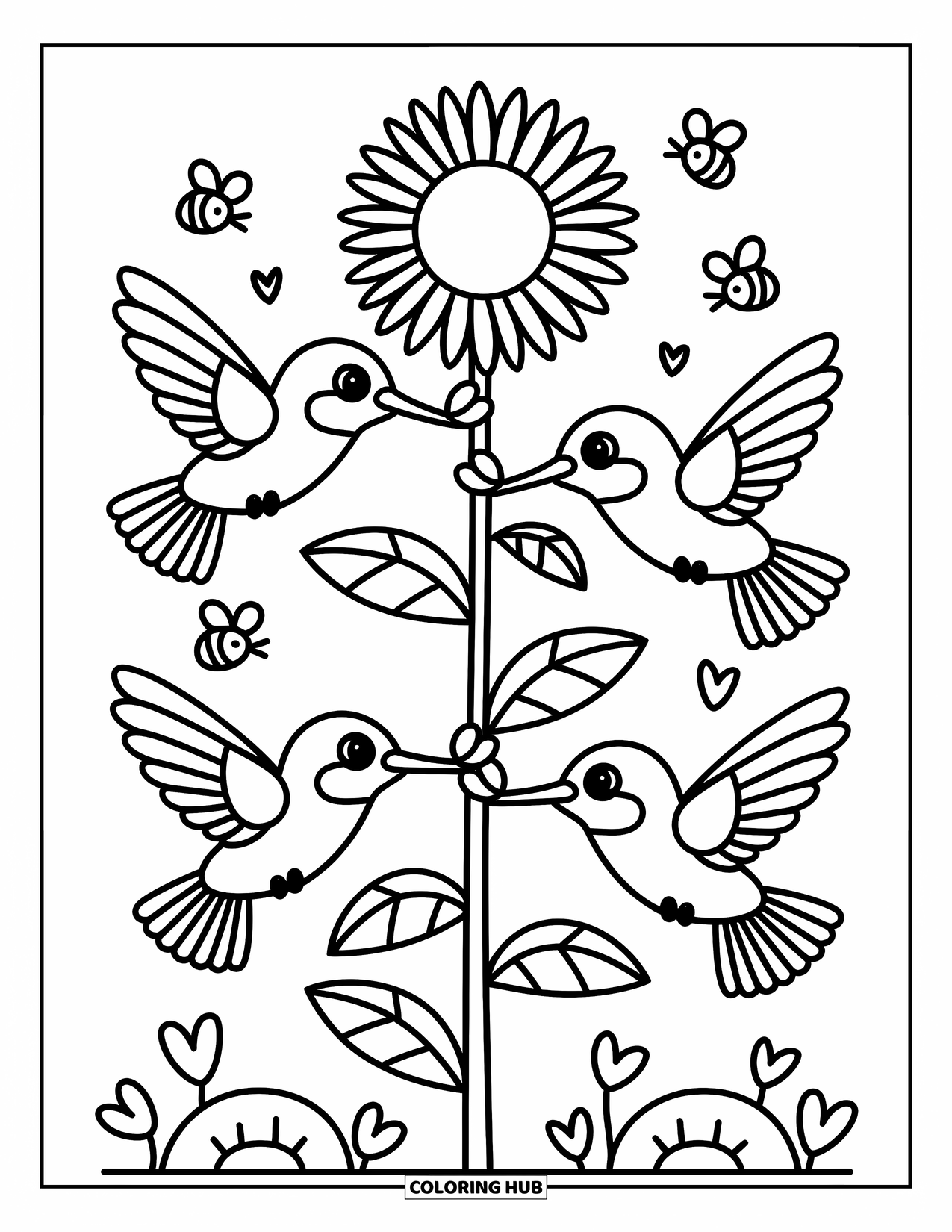 Kolibrie Kleurplaat voor Volwassenen: Drie kolibries wervelen rond een zonnebloem terwijl bijen en bladeren in de buurt zweven