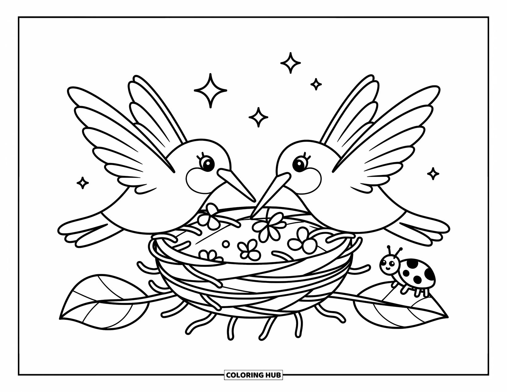 Kolibrie Kleurplaat voor Volwassenen: Twee schattige kolibries werken samen om een lief klein nest te bouwen