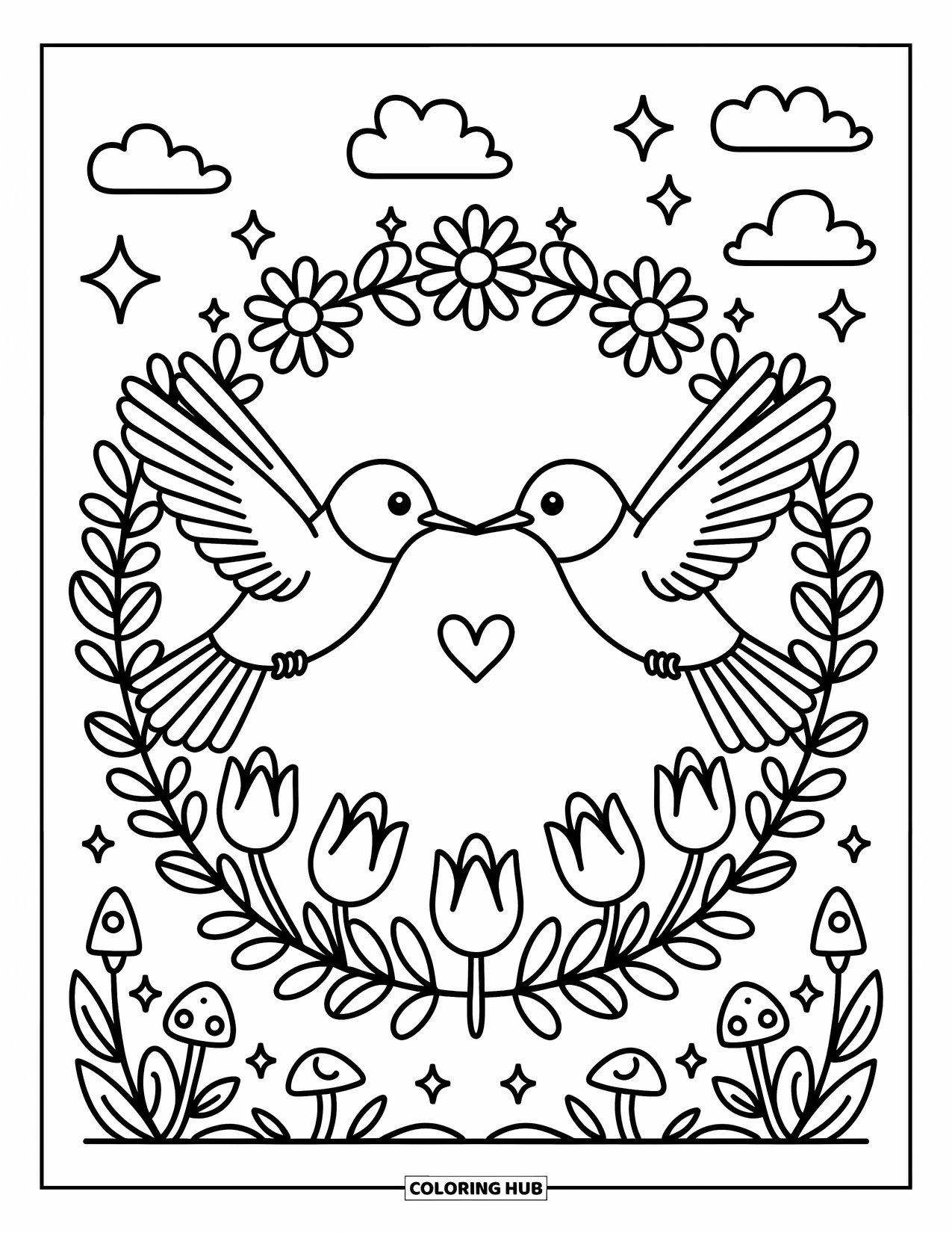 Kolibrie Kleurplaat voor Volwassenen: Twee kolibries vormen een hartvorm boven een krans van bloemen en sterren