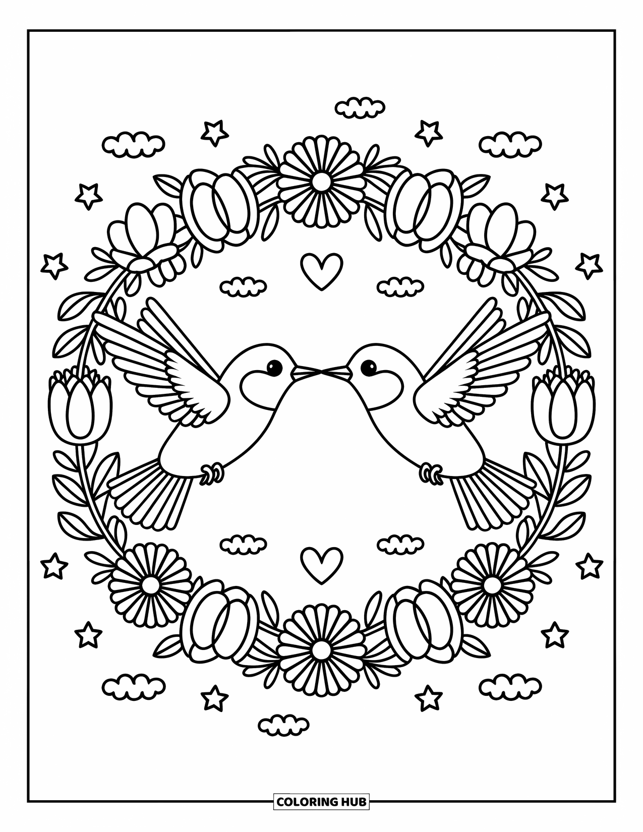 Kolibrie Kleurplaat voor Volwassenen: Twee kolibries zweven in een hart boven een krans met bloemen, sterren en wolken