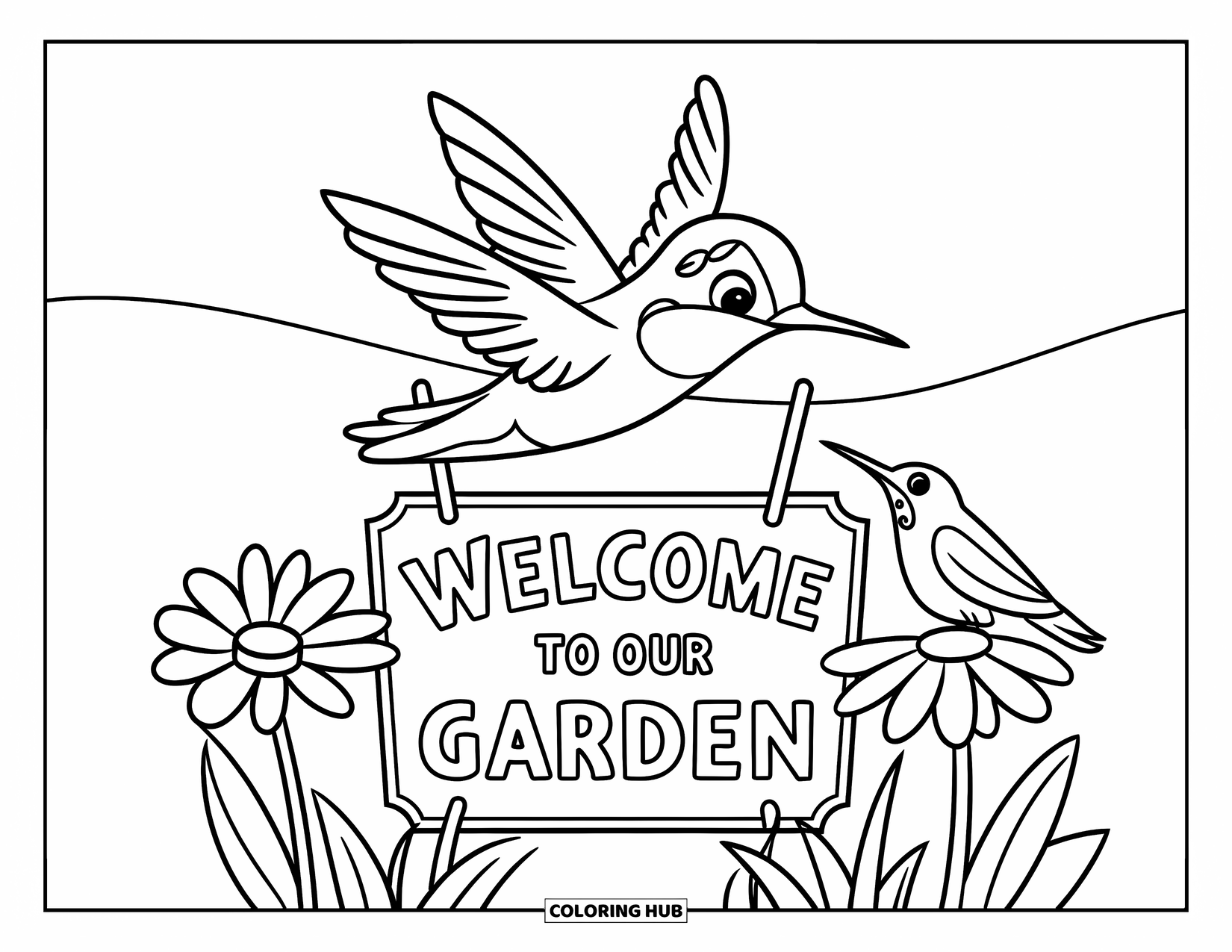 Kolibrie Kleurplaat voor Kinderen: Een heldere kolibrie vliegt boven een bord met de tekst 'Welkom in onze tuin'