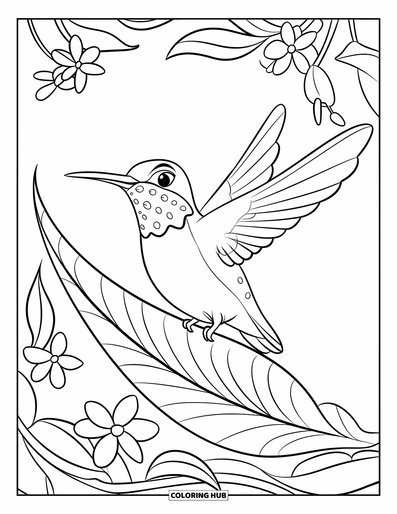 Kolibrie Kleurplaat voor Kinderen: Een vrolijke kolibrie zweeft naast een blad en lieve kleine bloemen