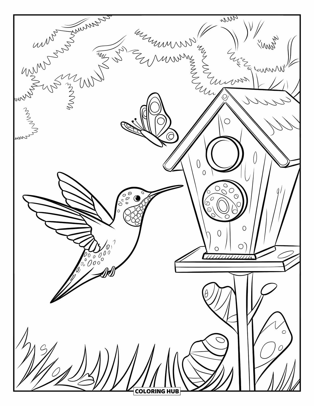 Kolibrie Kleurplaat voor Kinderen: Een kolibrie en vlinder spelen in de buurt van een vogelhuisje in een bos