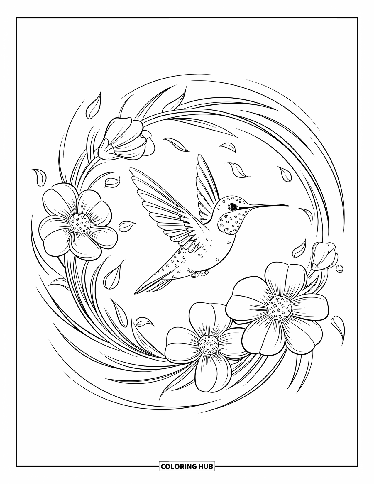 Kolibrie Kleurplaat voor Kinderen: Een kolibrie danst door een bloemencirkel met bloemblaadjes en zachte brieslijnen