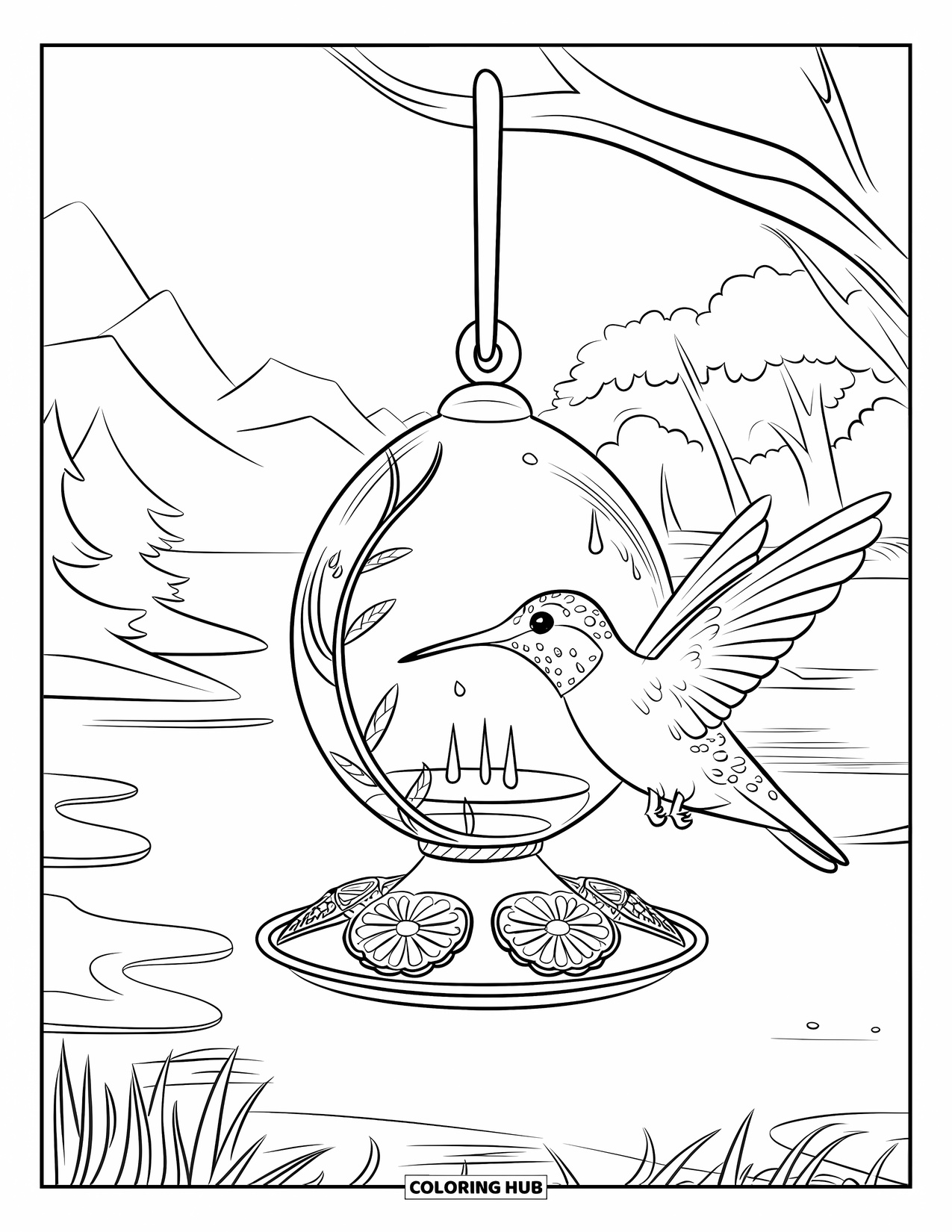 Kolibrie Kleurplaat voor Kinderen: Een kolibrie drinkt uit een voederhuisje dat in de buurt van bomen, bloemen en verre bergen hangt
