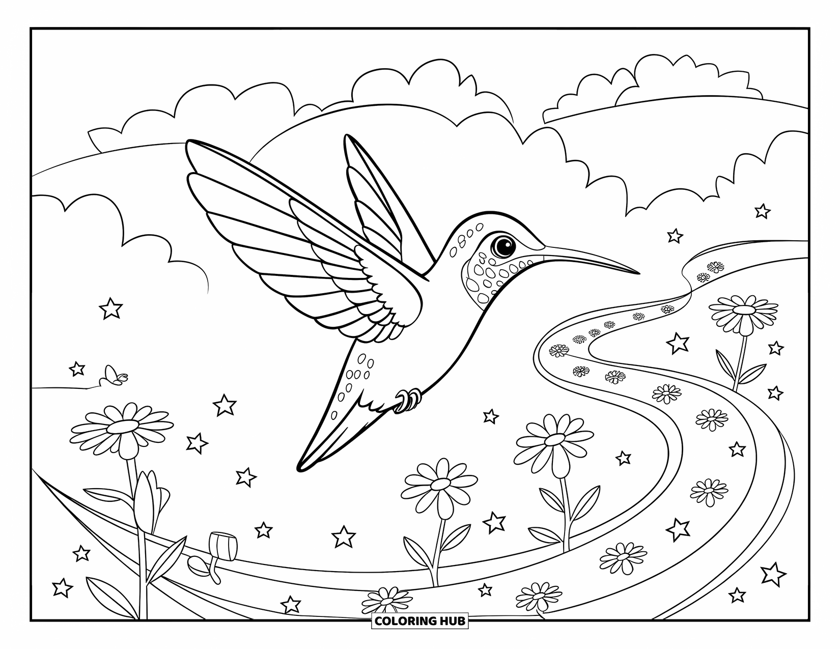 Kolibrie Kleurplaat voor Kinderen: Een kolibrie vliegt boven een kronkelend pad van bloemen en fonkelende sterren