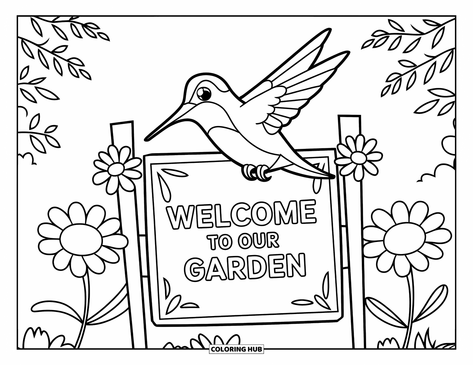 Kolibrie Kleurplaat voor Kinderen: Een kolibrie zweeft boven een welkomstbord met aan elke kant bloemen