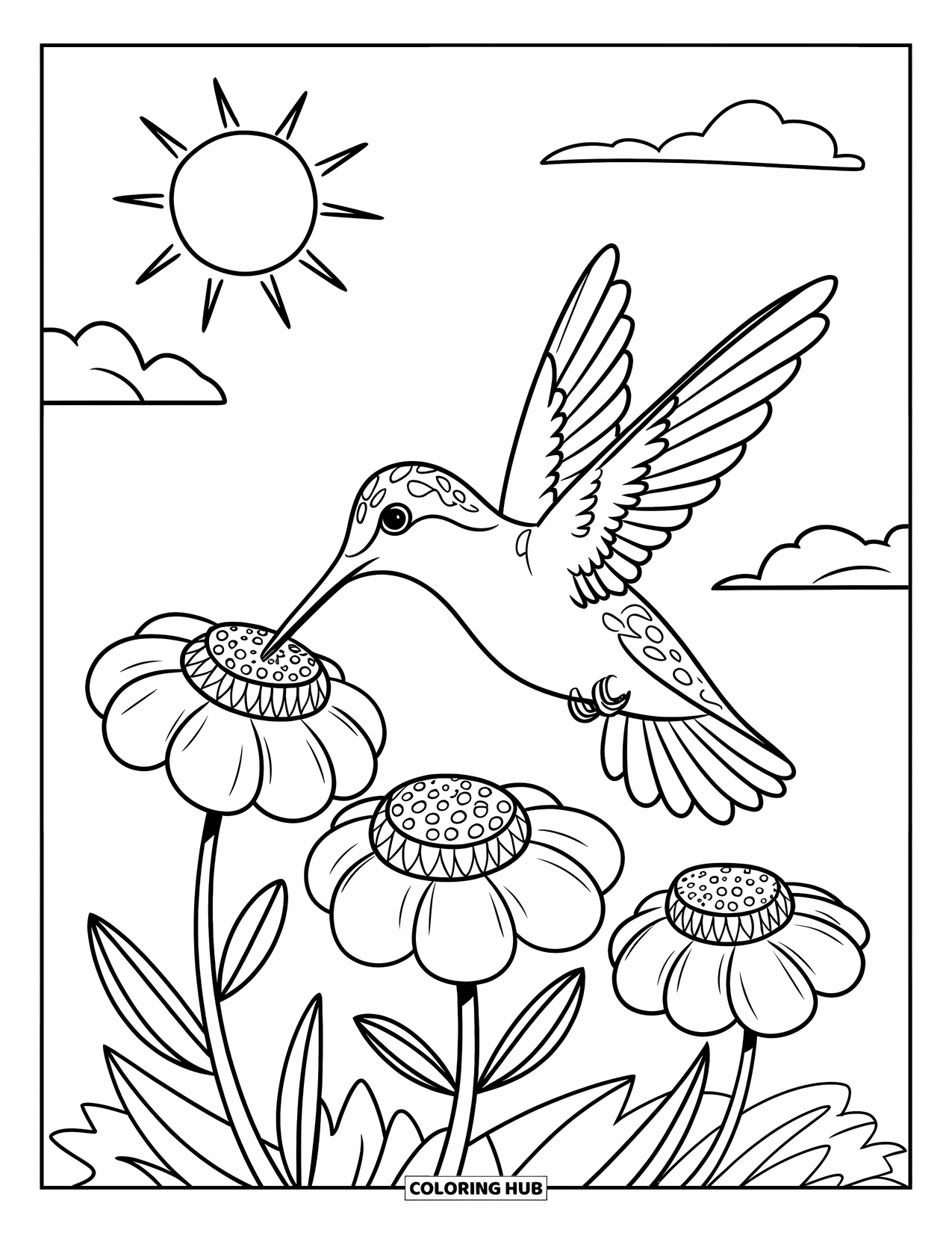 Kolibrie Kleurplaat voor Kinderen: Een kolibrie zweeft boven drie bloemen onder een zonnige hemel