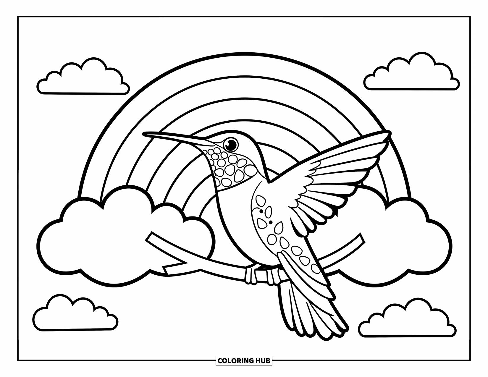 Kolibrie Kleurplaat voor Kinderen: Een kolibrie zit onder een regenboog met pluizige wolken eromheen