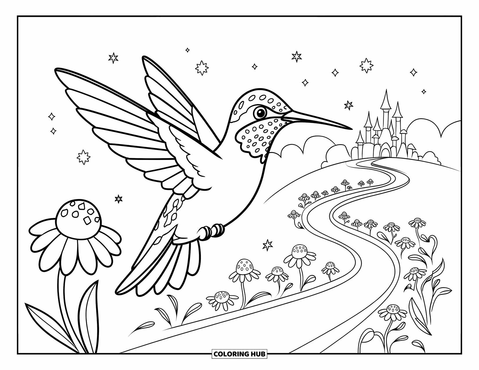 Kolibrie Kleurplaat voor Kinderen: Een kolibrie zit op een bloem langs een magisch, sterrenpad dat naar een kasteel leidt