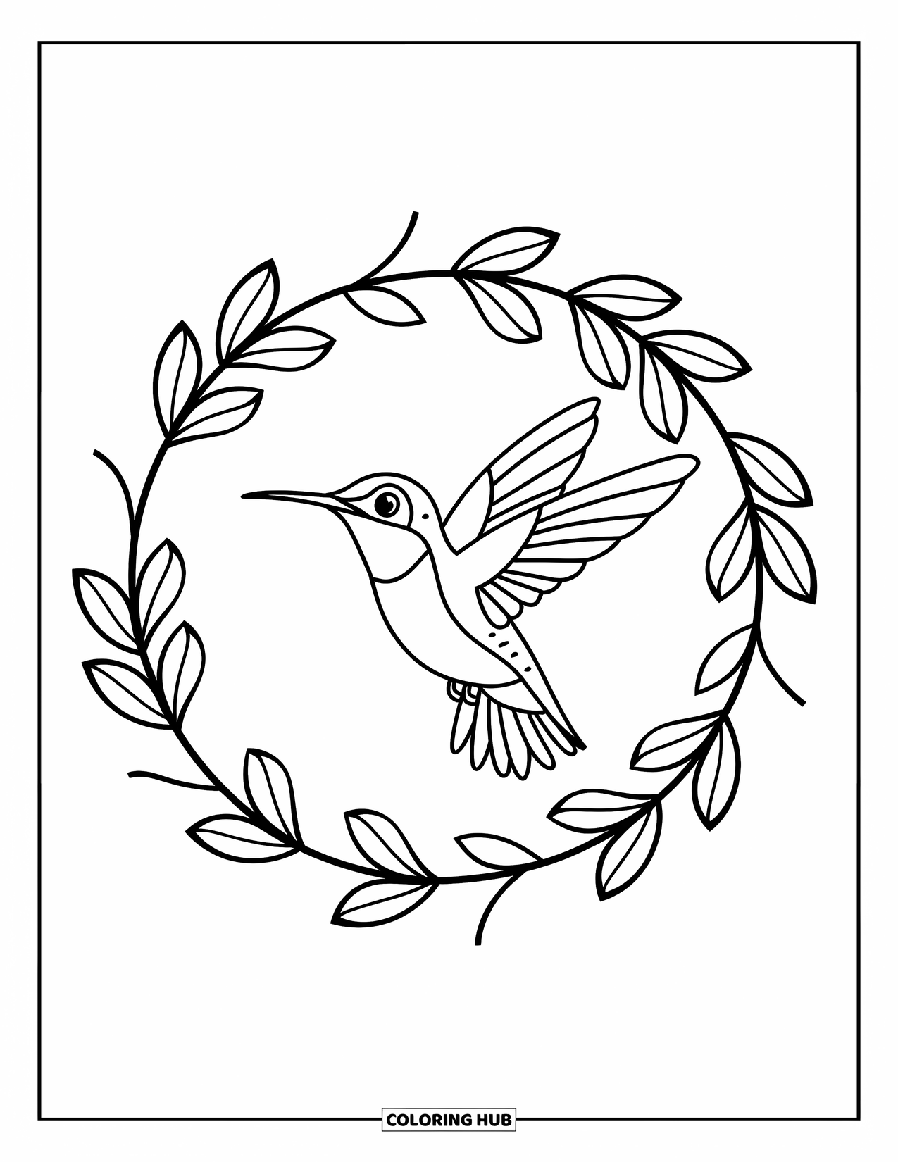 Kolibrie Kleurplaat voor Kinderen: Een kolibrie rust in een cirkelframe gemaakt van eenvoudige bladeren