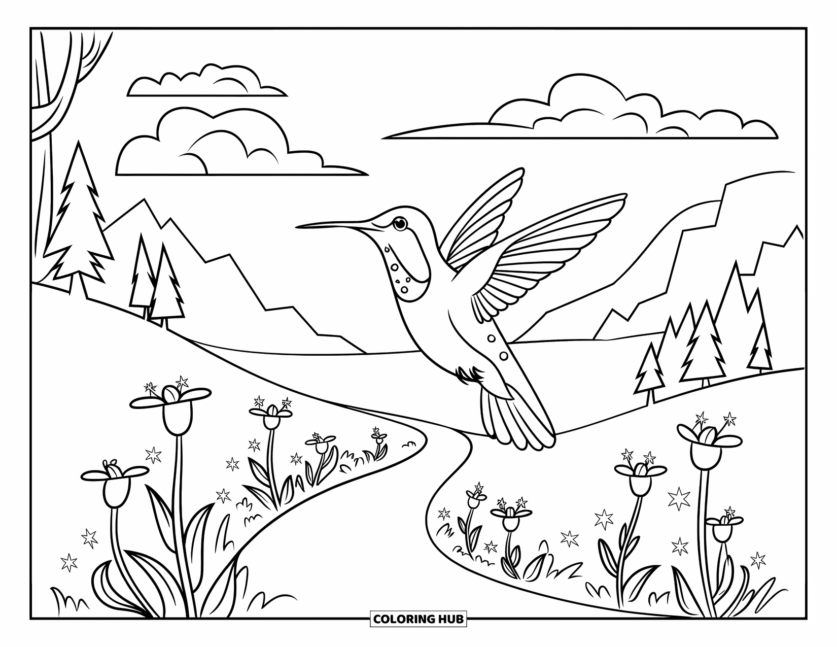 Kolibrie Kleurplaat voor Kinderen: Een kolibrie zweeft over een kronkelend bloemenpad, omringd door bomen en zachte bergen