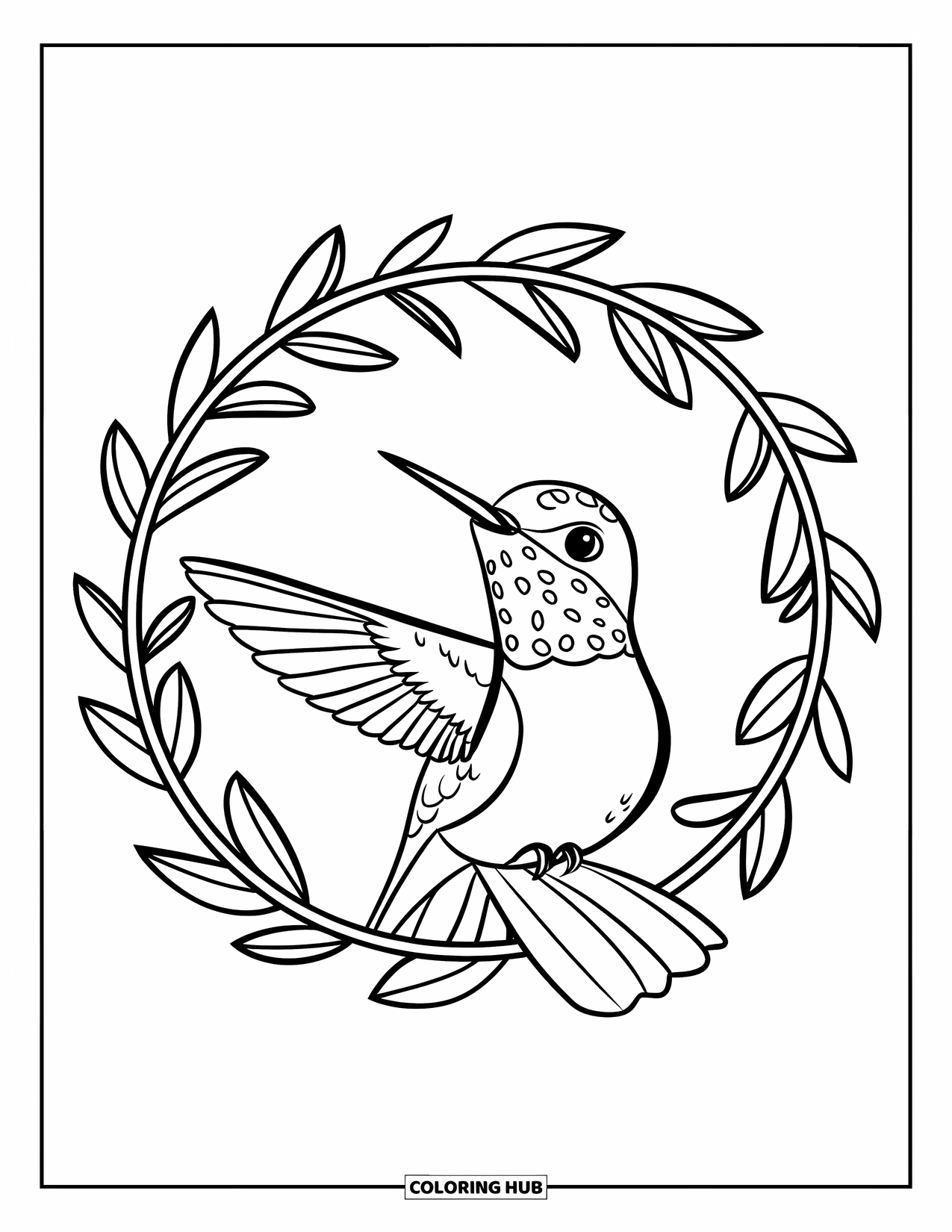 Kolibrie Kleurplaat voor Kinderen: Een kolibrie spreidt zijn vleugels in een zacht, bladerrijk cirkelframe