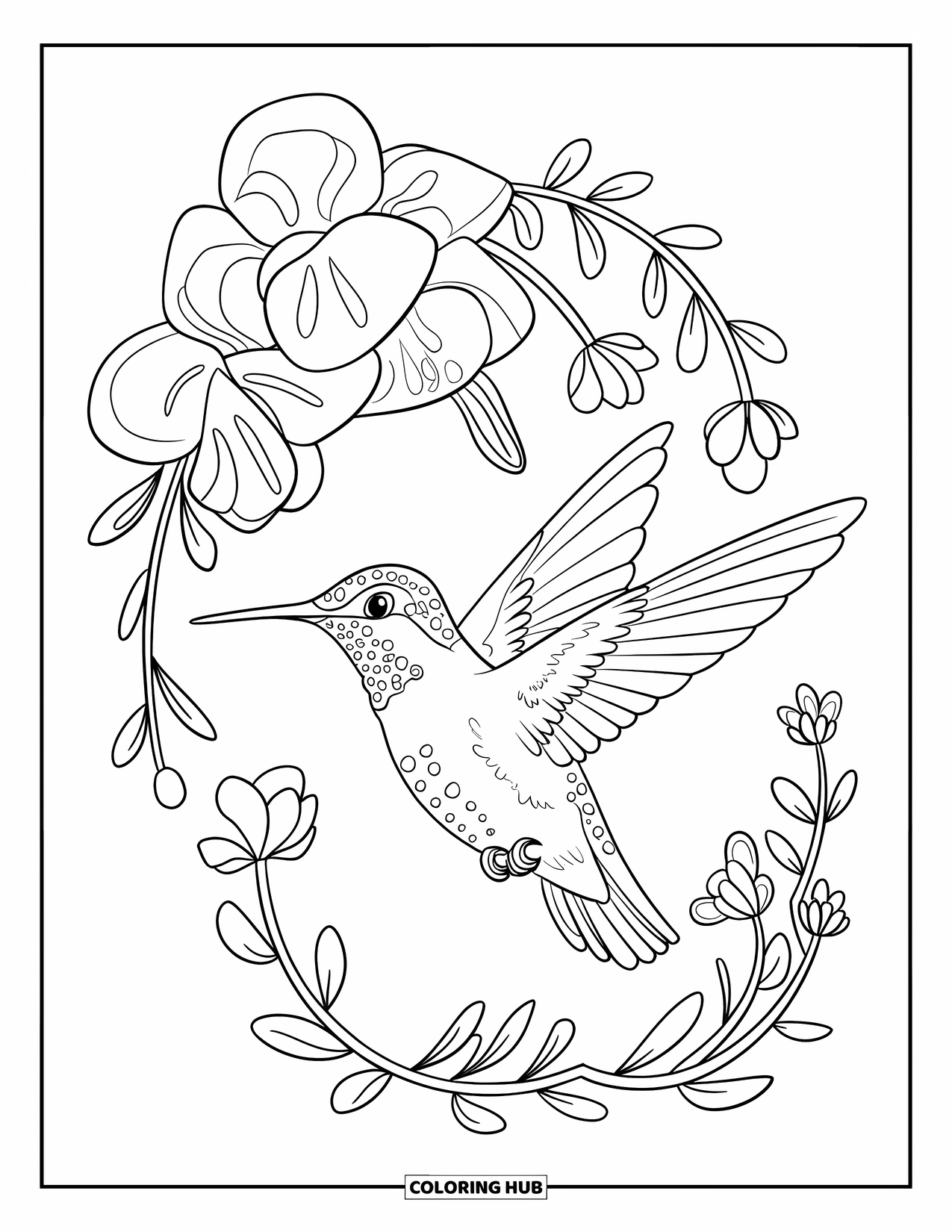 Kolibrie Kleurplaat voor Kinderen: Een klein vogeltje zweeft in de lucht, met open vleugels, met bloemen die eromheen stromen