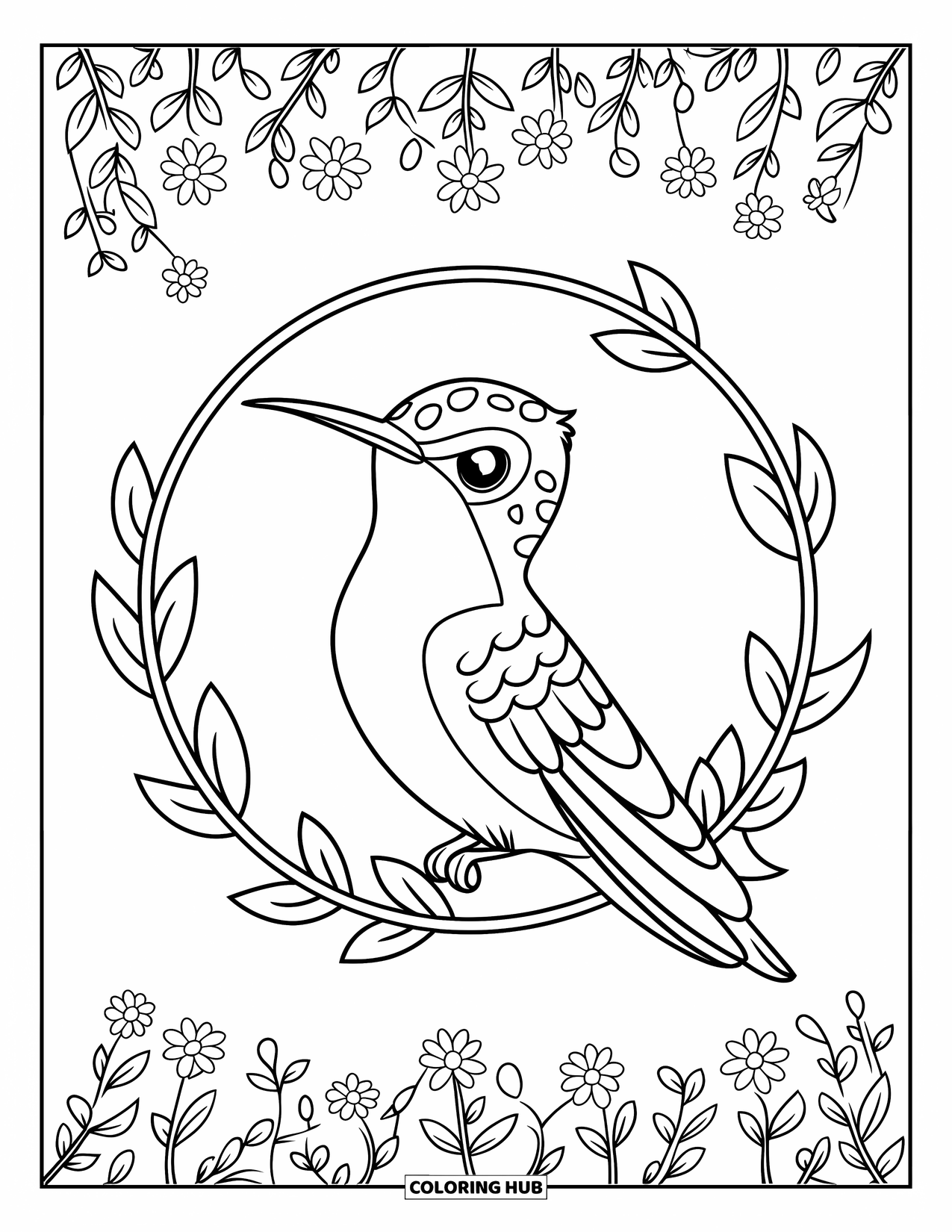 Kolibrie Kleurplaat voor Kinderen: Een vredige kolibrie zit in een bladerrijke cirkel omringd door kleine bloemen