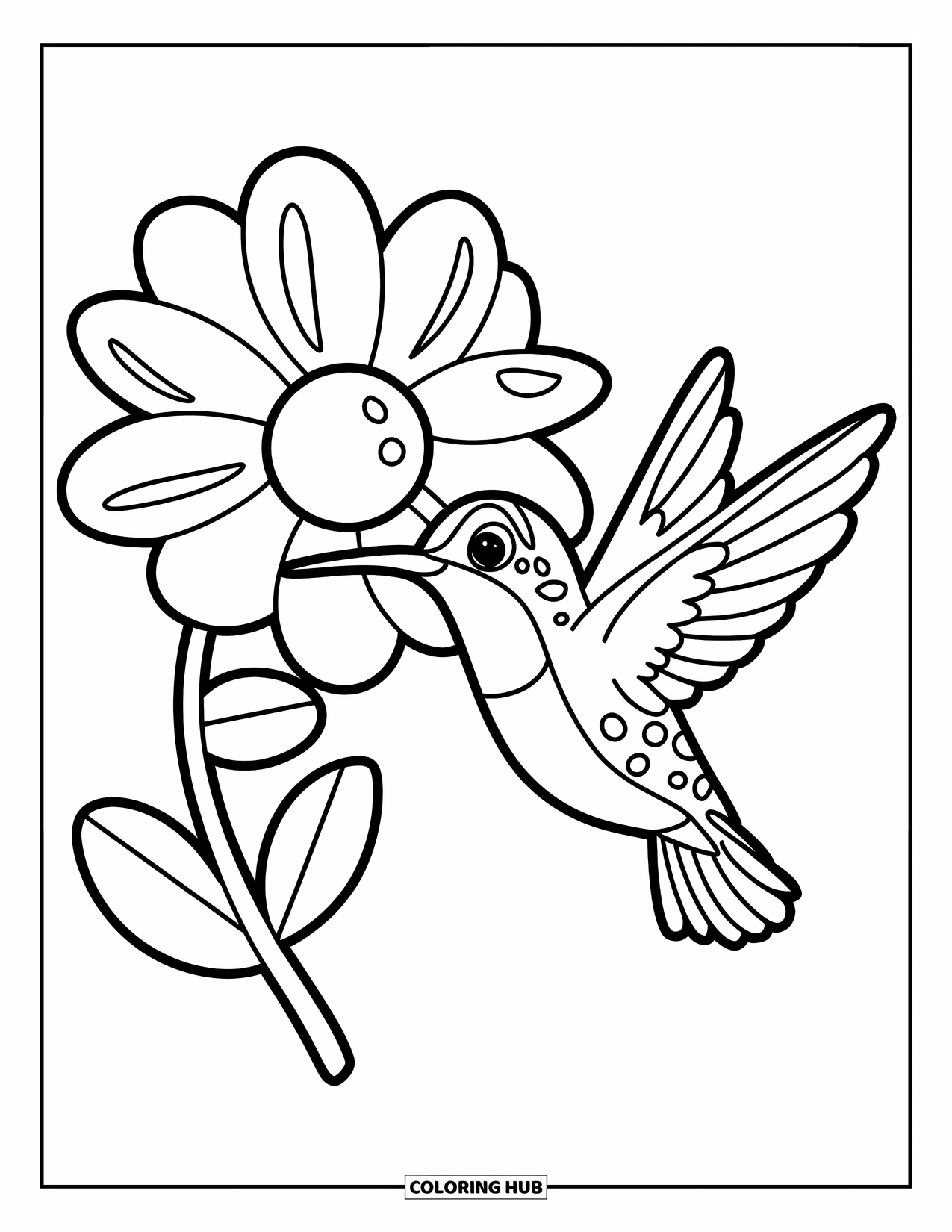 Kolibrie Kleurplaat voor Kinderen: Een speelse kolibrie fladdert in de buurt van een grote bloem met dikke, gedurfde contouren