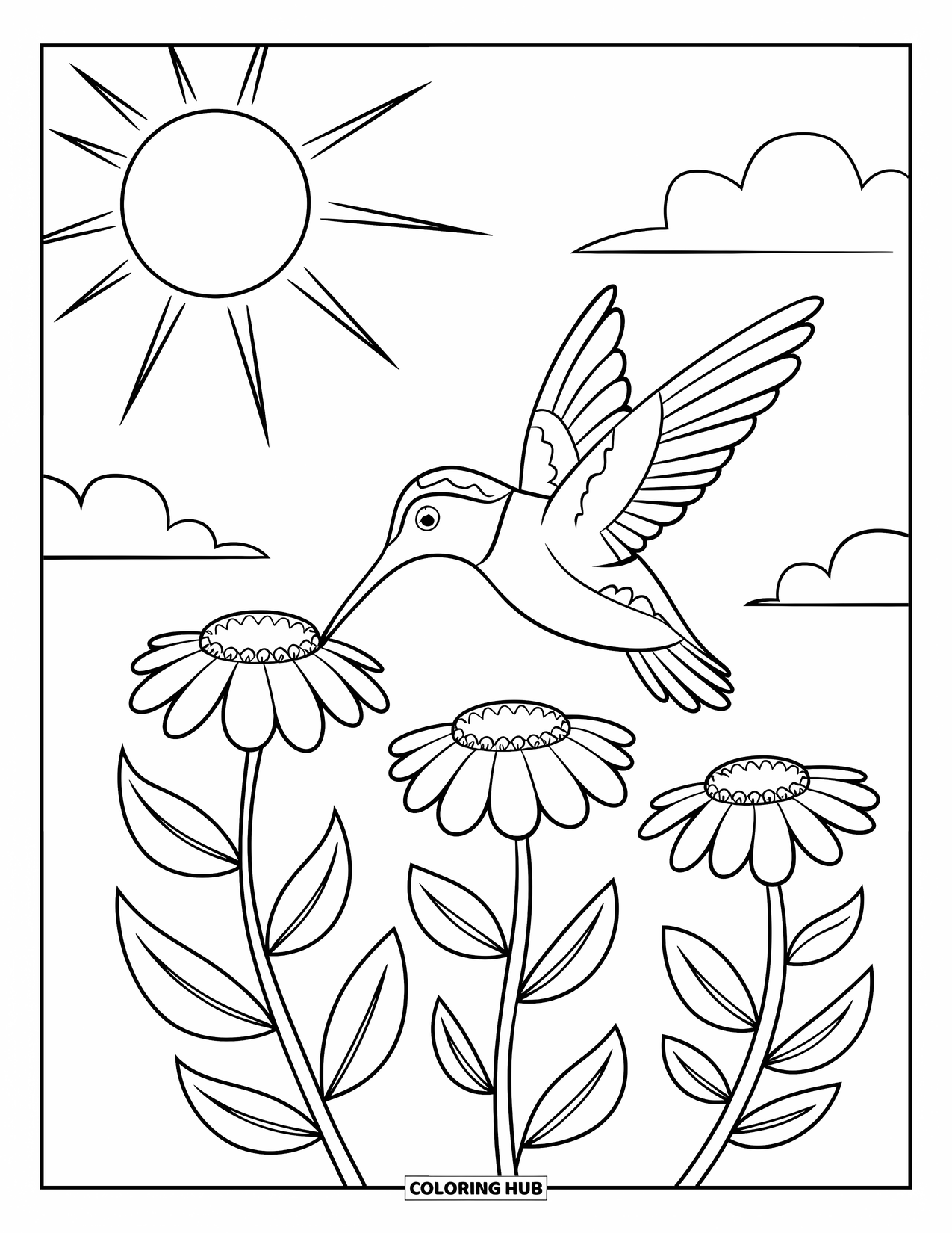 Kolibrie Kleurplaat voor Kinderen: Een rood-en-groene kolibrie zweeft boven drie mooie bloemen