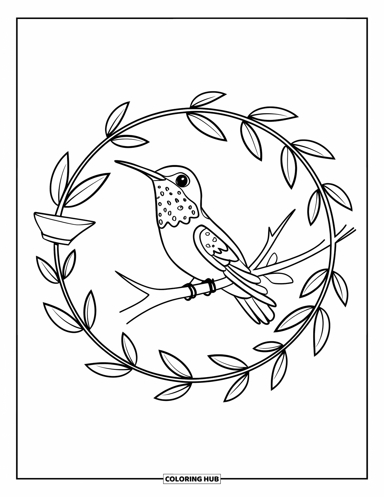 Kolibrie Kleurplaat voor Kinderen: Een roodkeelkolibrie zit op een tak in een bladercirkelframe