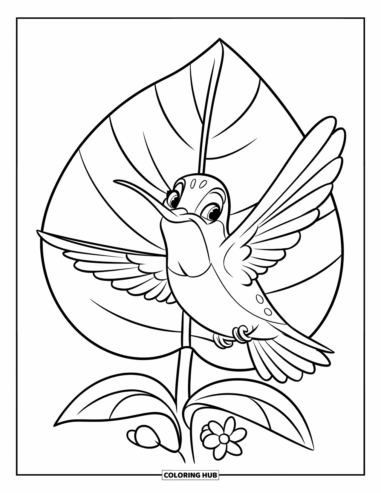 Kolibrie Kleurplaat voor Kinderen: Een glimlachende kolibrie zweeft in de buurt van een groot blad met kleine bloemen