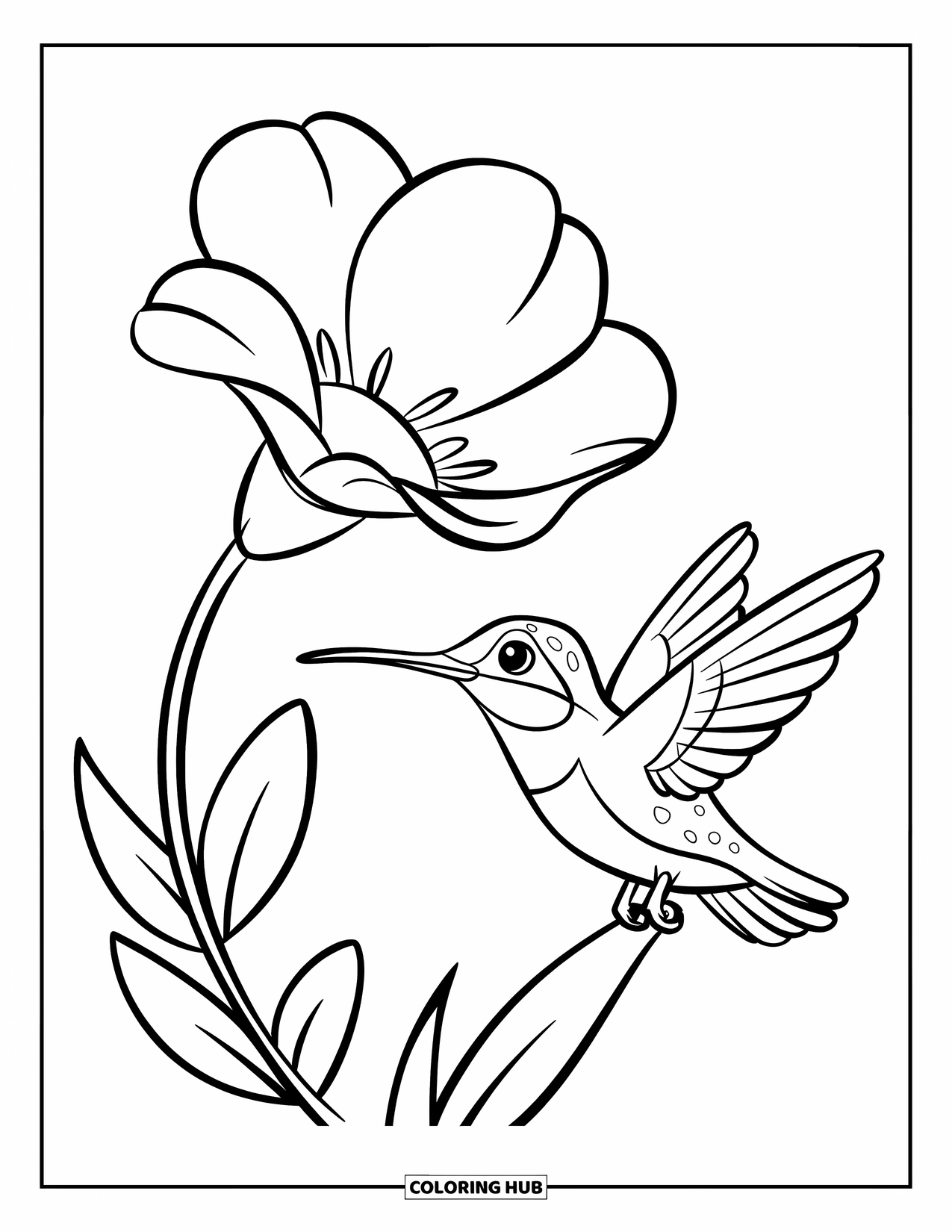 Kolibrie Kleurplaat voor Kinderen: Een lieve kolibrie zit naast een grote bloem met zachte, afgeronde vormen
