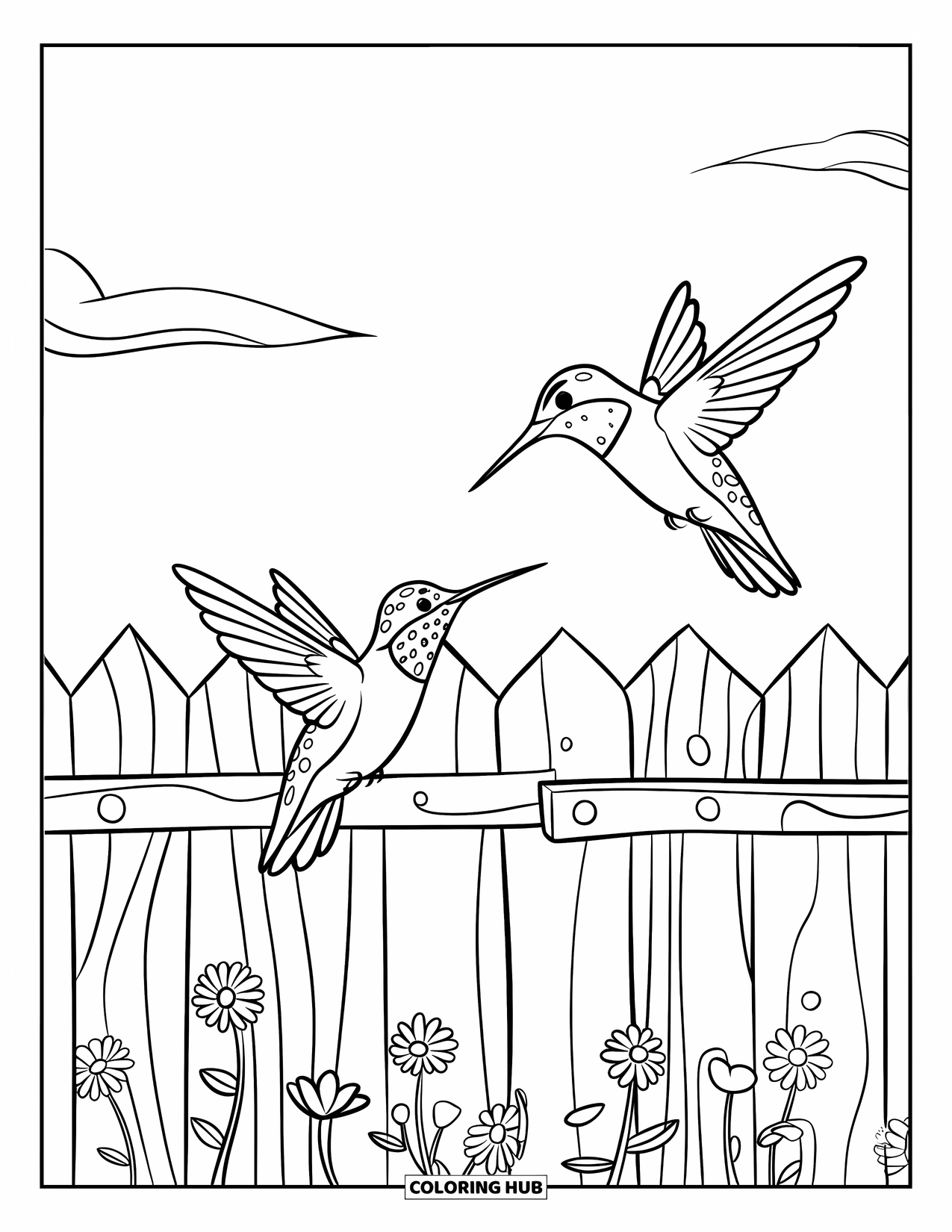 Kolibrie Kleurplaat voor Kinderen: Kolibries fladderen rond een tuinomheining bezaaid met bloemen