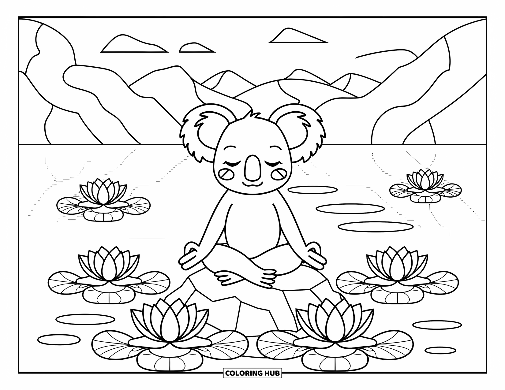 Kolorowanka z koalą dla dorosłych: Spokojna koala medytuje nad odbijającym światło jeziorem, otoczona kwiatami lotosu i łagodnymi widokami na góry
