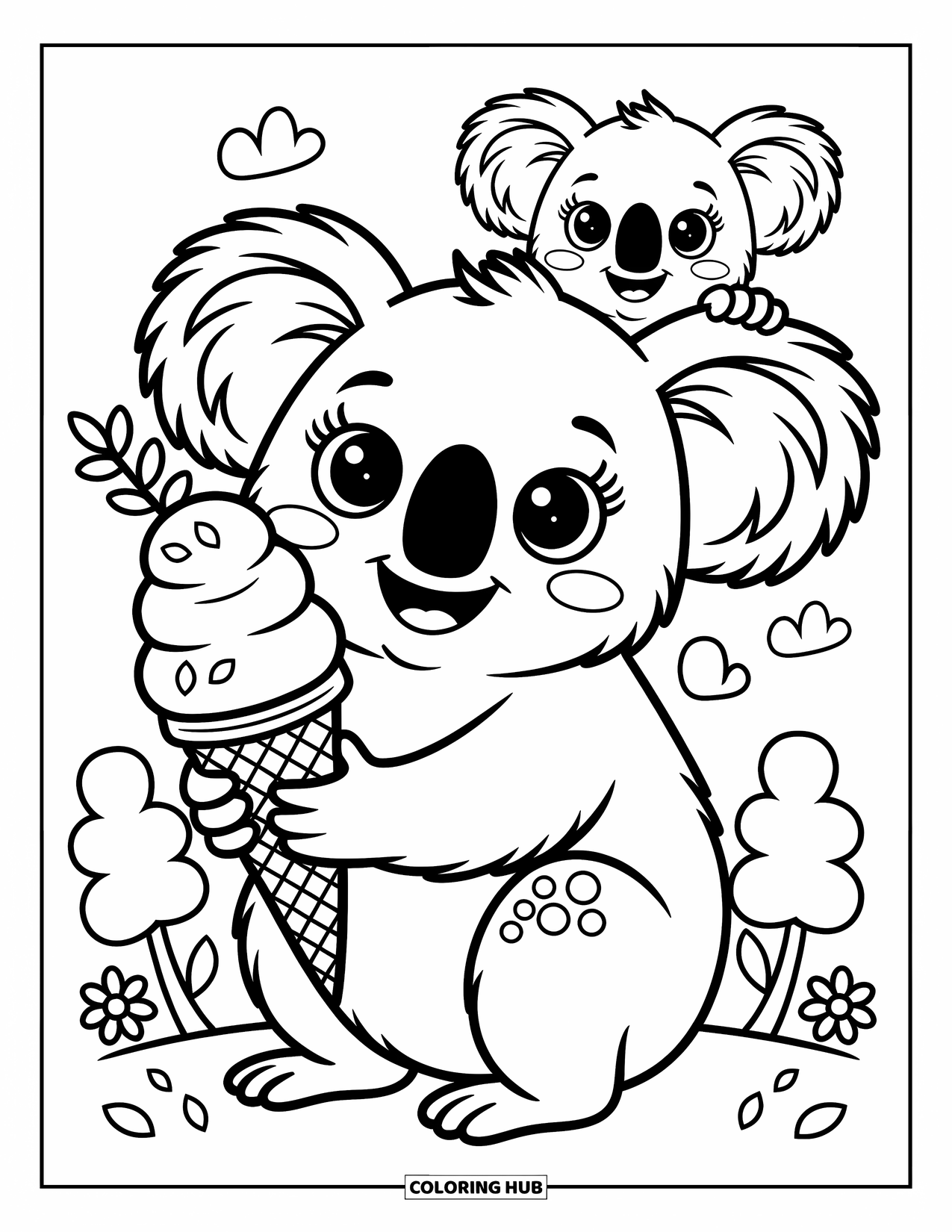 Kolorowanka z koalą dla dorosłych: Wesoła koala trzyma dużego loda, podczas gdy mała koala figlarnie wyciąga po niego rękę