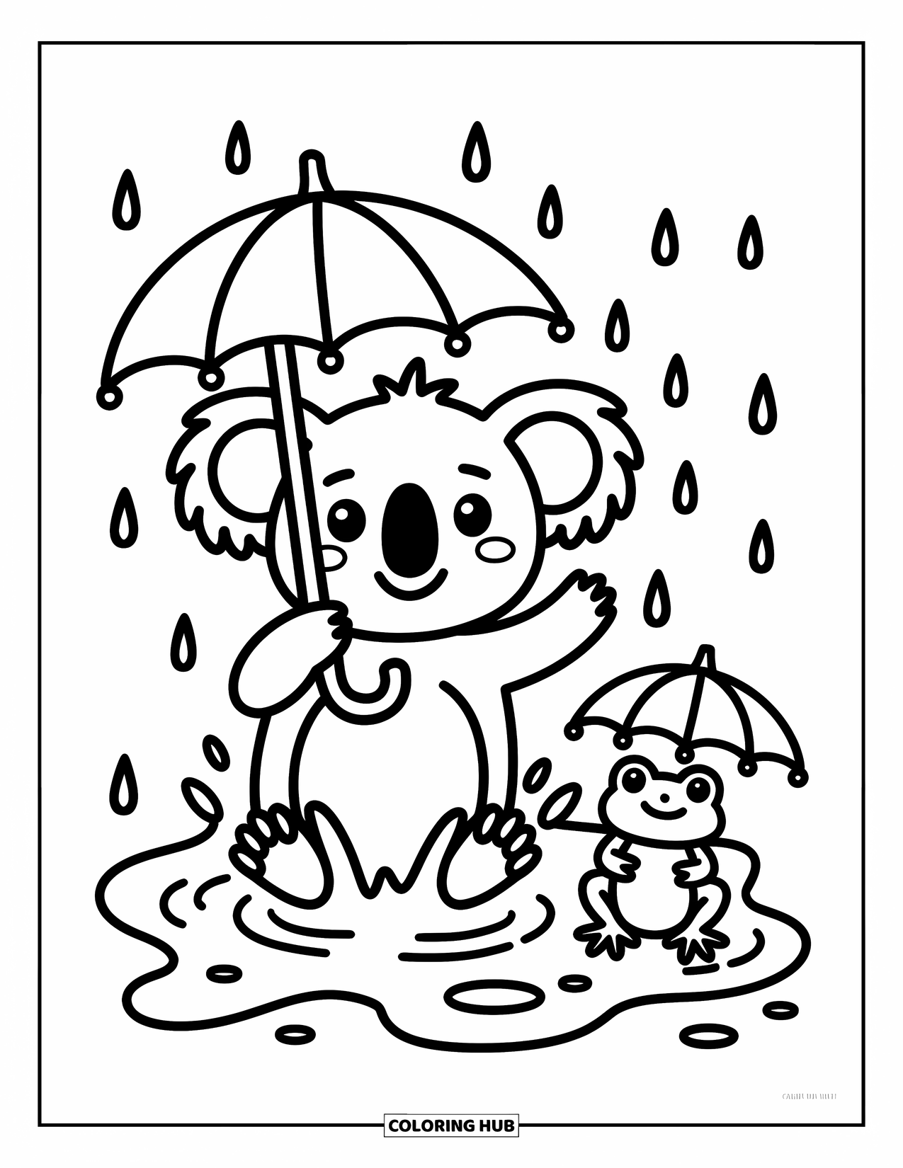 Kolorowanka z koalą dla dorosłych: Wesoła koala pluska się w kałuży, trzymając parasol z liścia, z żabą u boku