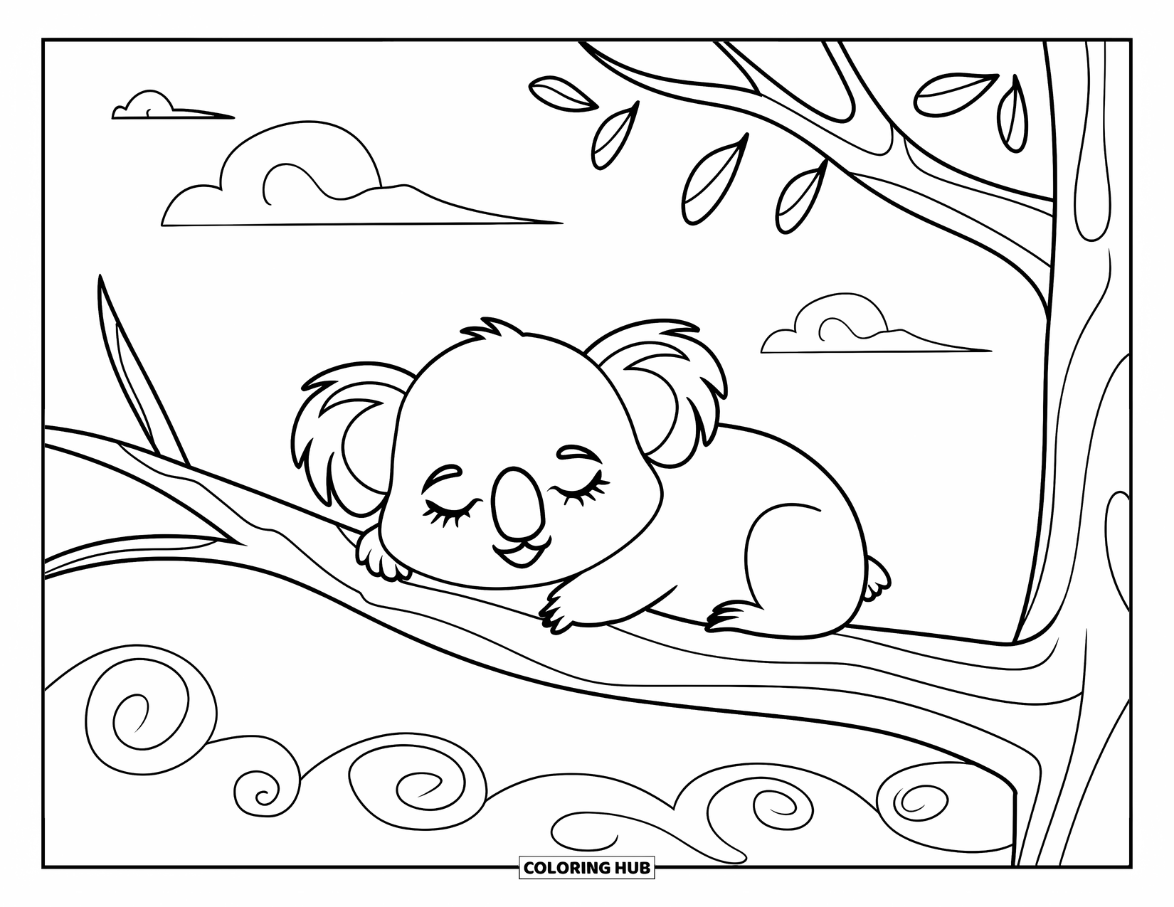 Kolorowanka z koalą dla dorosłych: Przytulna koala śpi na gałęzi, z puszystymi chmurami i delikatnymi wzorami wypełniającymi tło