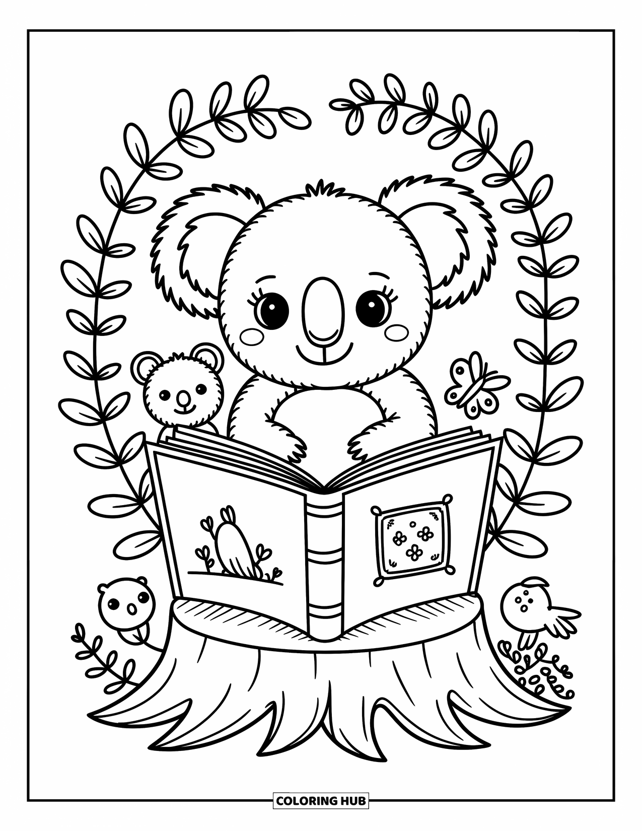 Kolorowanka z koalą dla dorosłych: Ciekawska koala przegląda książkę, podczas gdy wombat, ptak i motyl obserwują z bliska
