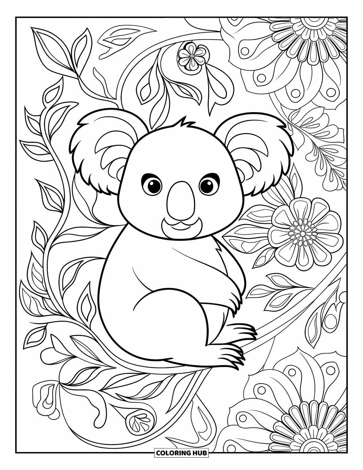 Kolorowanka z koalą dla dorosłych: Szczegółowa koala gnieździ się w wirujących kwiatach mandali, spokojnie odpoczywając na artystycznej gałęzi