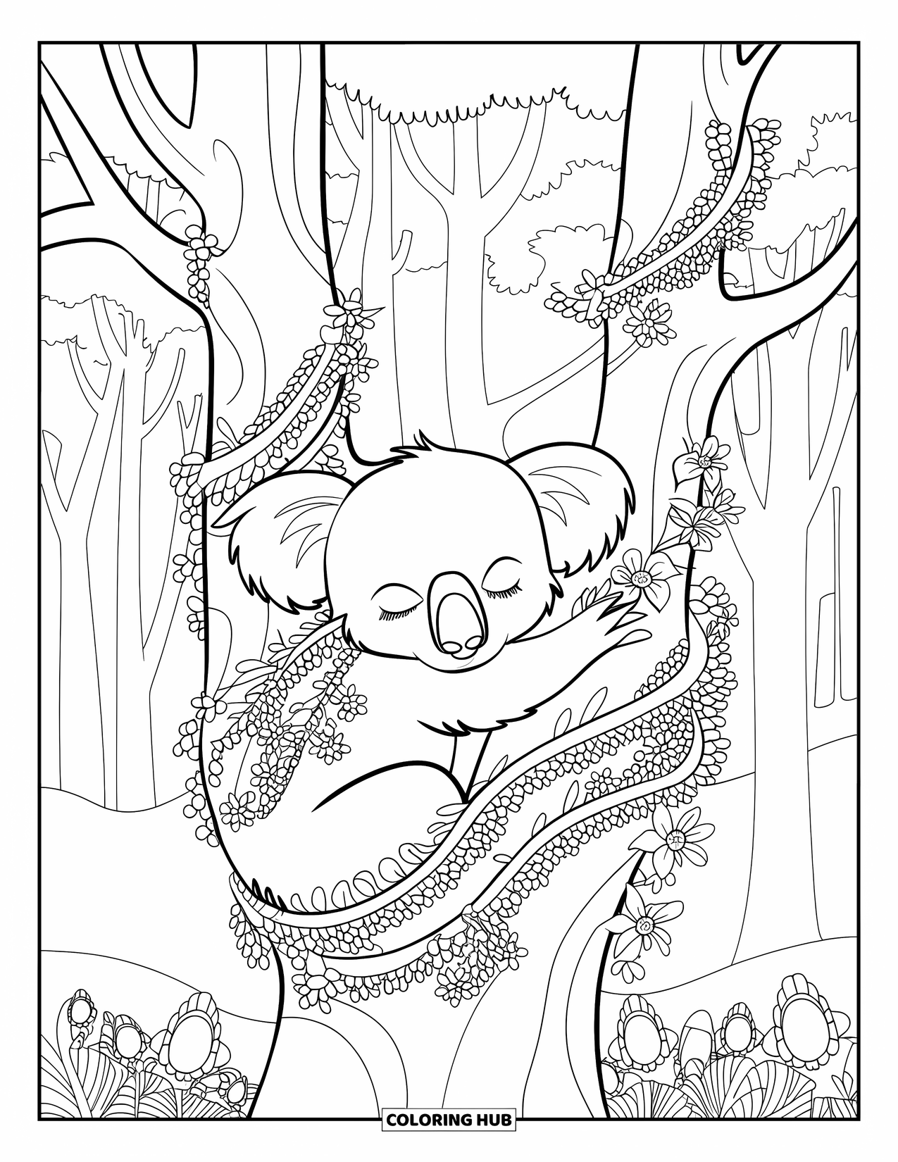 Kolorowanka z koalą dla dorosłych: Drzemiąca koala gnieździ się wśród kwiatów i pnączy, wtapiając się w bujny, artystyczny las