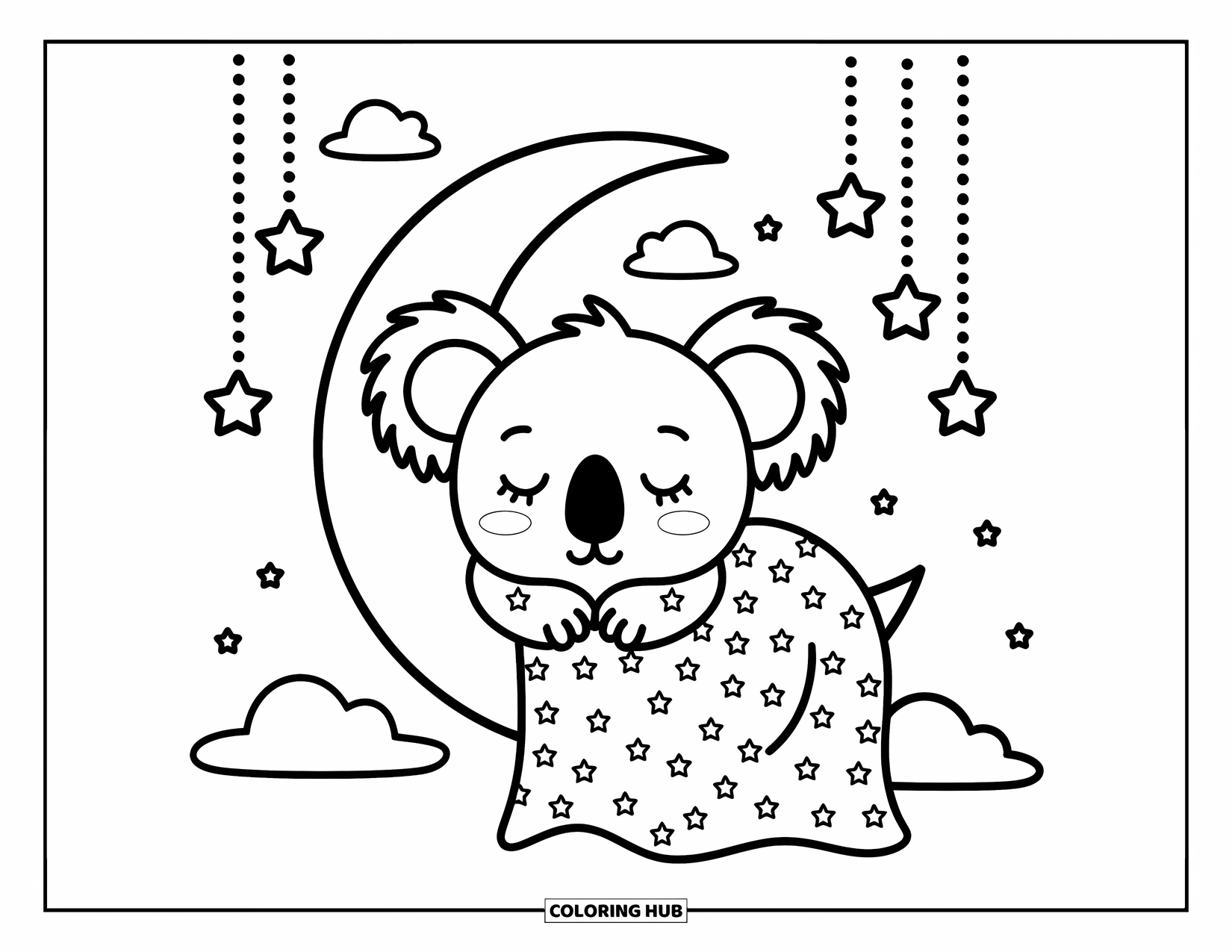 Kolorowanka z koalą dla dorosłych: Rozmarzona koala śpi na rogaliku księżyca, otoczona puszystymi chmurami i migoczącymi gwiazdami