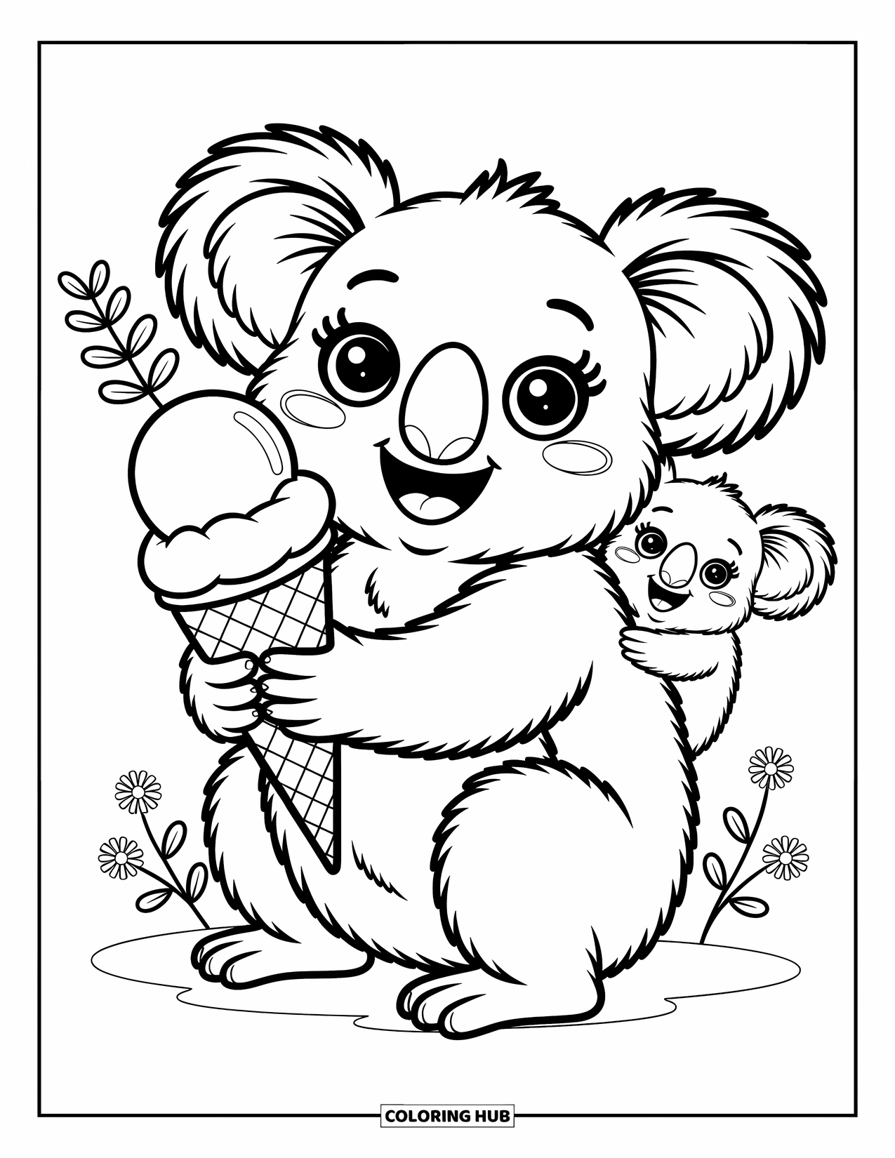 Kolorowanka z koalą dla dorosłych: Szczęśliwa koala zajada się lodem, podczas gdy mała koala niecierpliwie wygląda zza niej