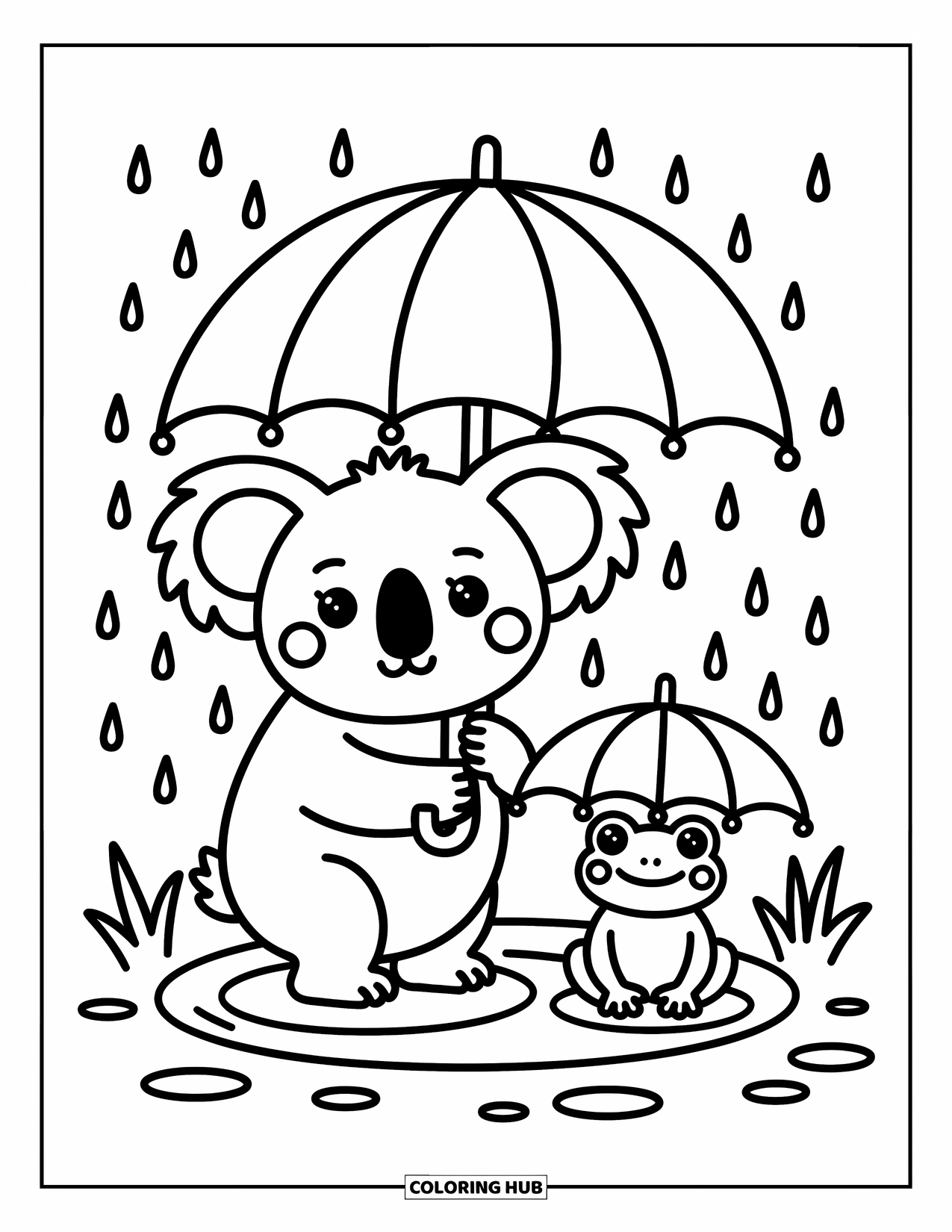 Kolorowanka z koalą dla dorosłych: Szczęśliwa koala trzyma parasol z liścia, skacząc w kałuży, gdy wokół spadają krople deszczu