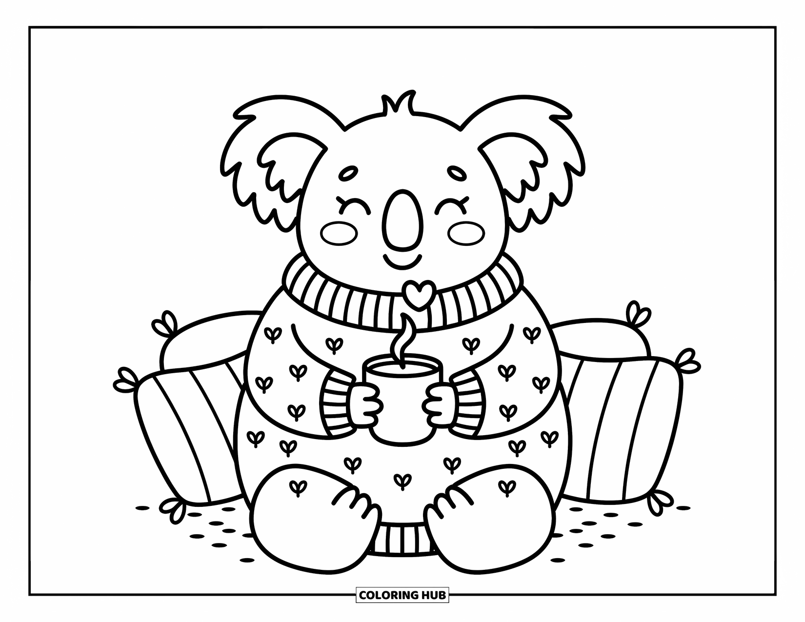 Kolorowanka z koalą dla dorosłych: Szczęśliwa koala w swetrze w liście popija ciepły napój w przytulnym otoczeniu