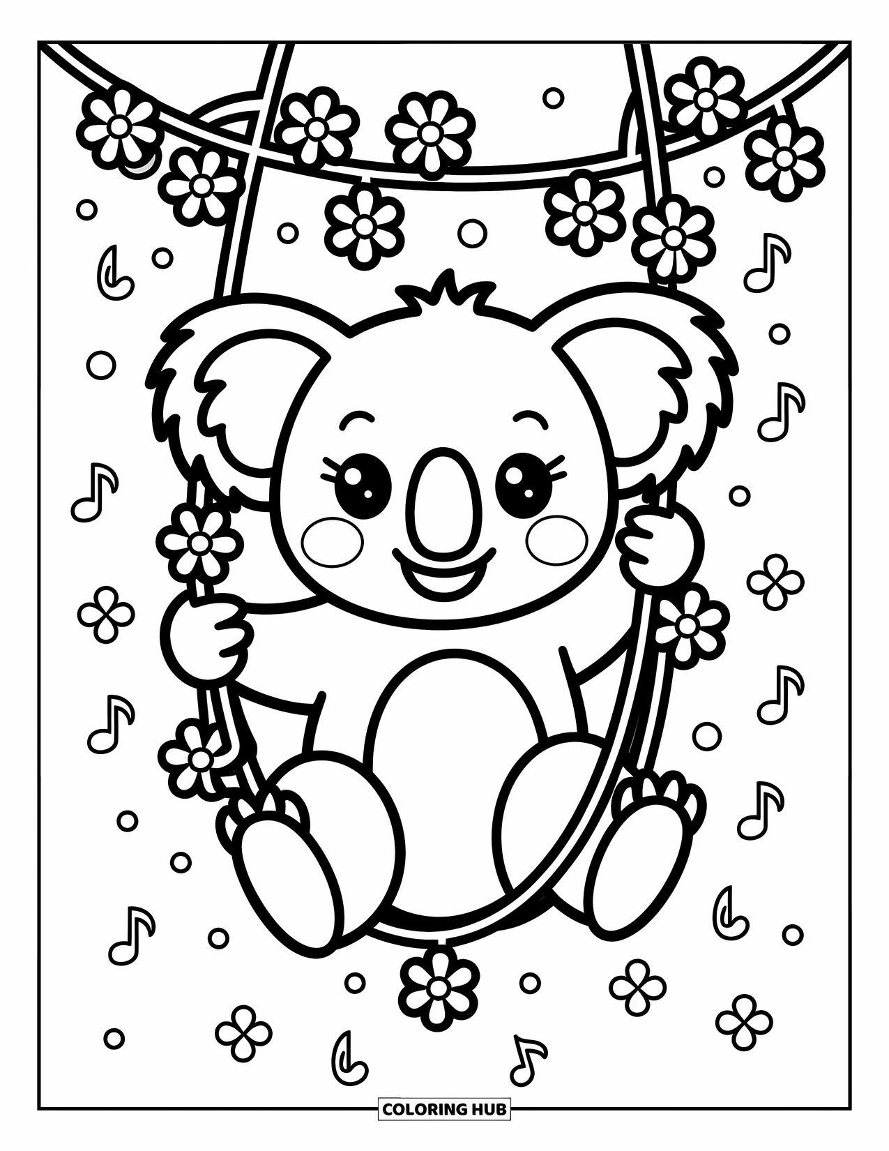 Kolorowanka z koalą dla dorosłych: Radosna koala huśta się na lianie, otoczona drobnymi kwiatkami i unoszącymi się nutami muzycznymi