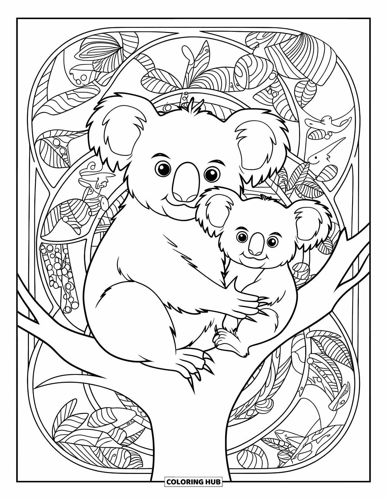 Kolorowanka z koalą dla dorosłych: Koala tuli swoje dziecko, otoczona skomplikowanymi liśćmi, kwiatami i eleganckimi wzorami inspirowanymi naturą