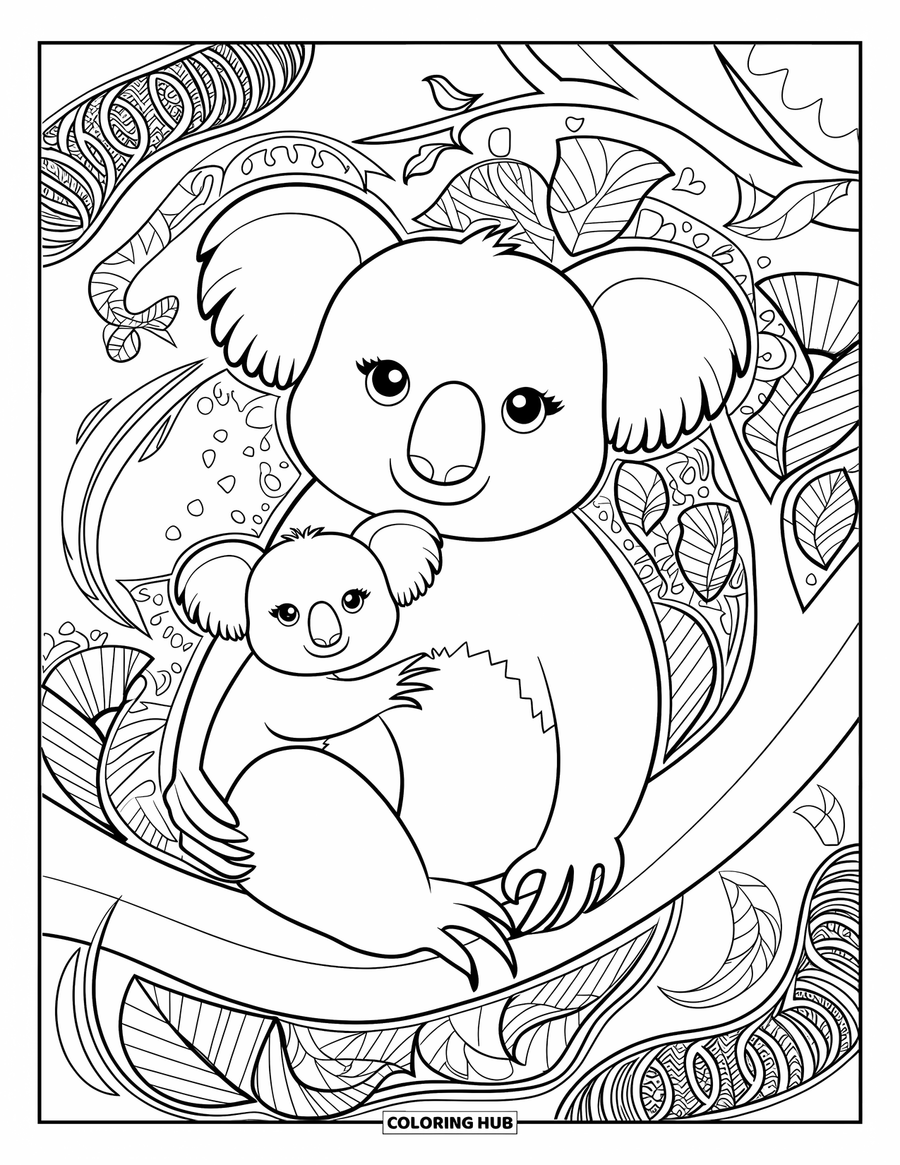 Kolorowanka z koalą dla dorosłych: Koala tuli swoje dziecko na gałęzi drzewa, otoczona wirującymi pnączami i kwiatowymi wzorami