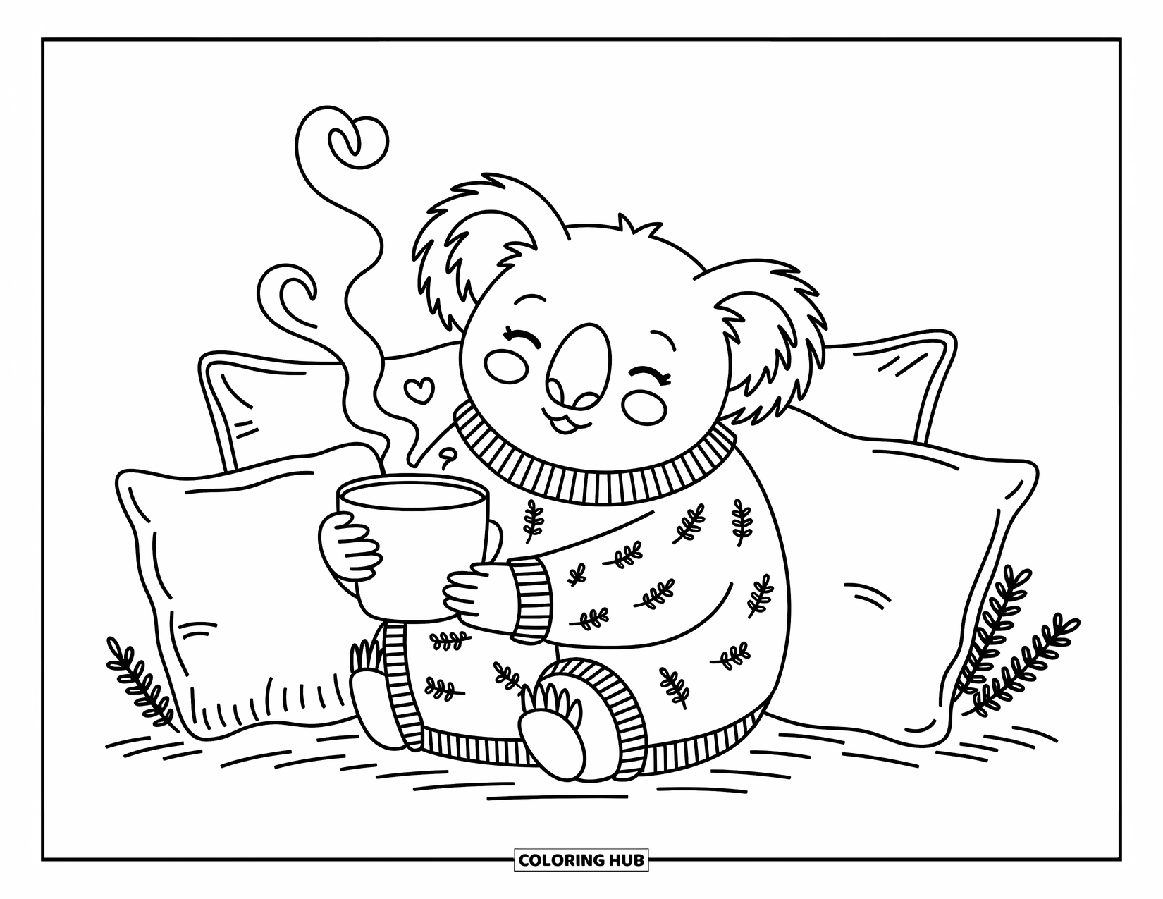 Kolorowanka z koalą dla dorosłych: Koala w przytulnym swetrze trzyma ciepły napój, a para unosi się w kształcie serca