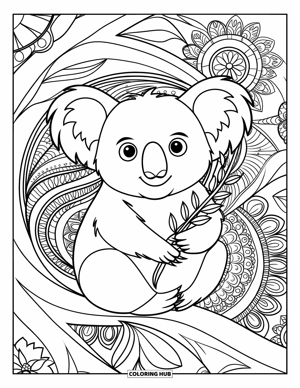 Kolorowanka z koalą dla dorosłych: Koala siedzi wśród wirujących kwiatowych wzorów mandali, trzymając gałąź w swoich małych łapkach