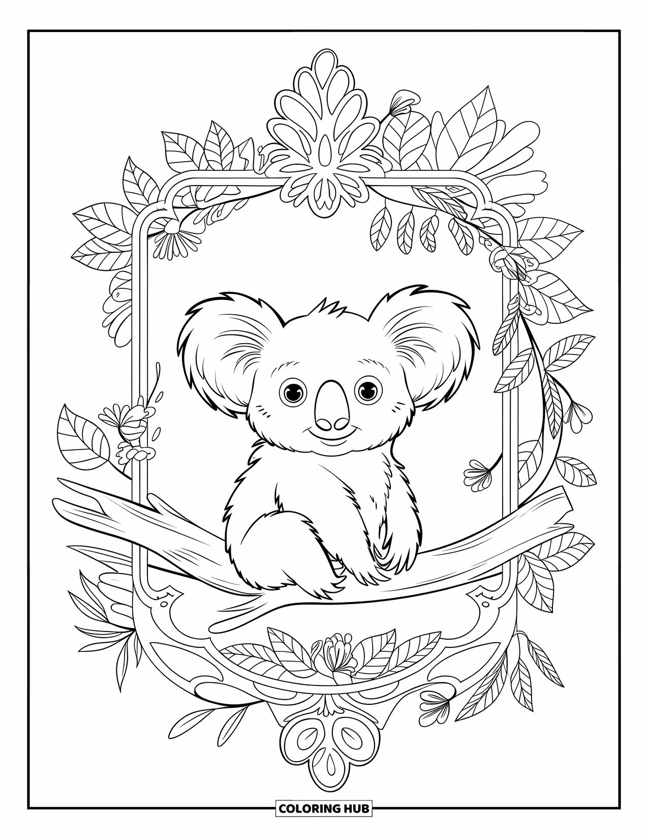 Kolorowanka z koalą dla dorosłych: Koala siedzi wewnątrz ozdobnej ramy natury wypełnionej szczegółowymi liśćmi, kwiatami i pnączami
