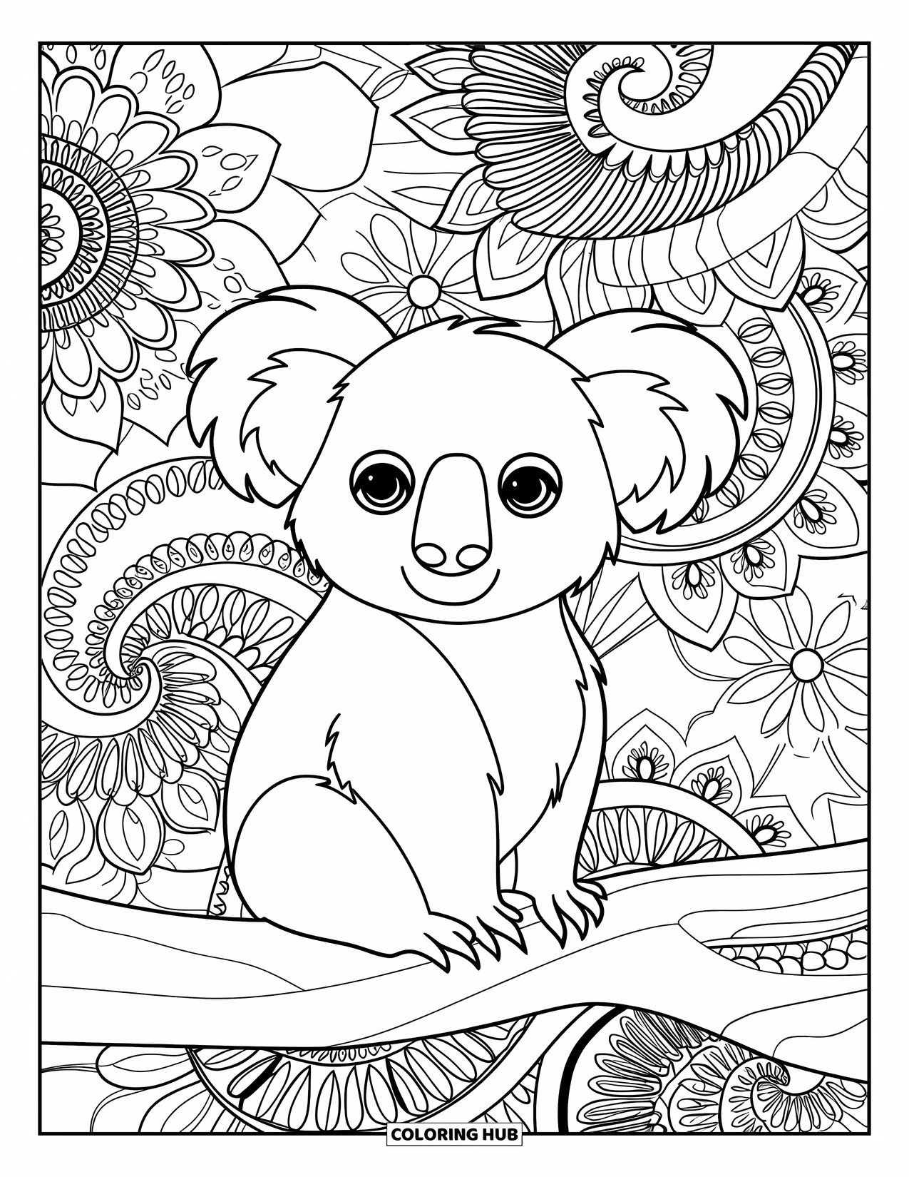 Kolorowanka z koalą dla dorosłych: Koala siedzi na gałęzi, otoczona skomplikowaną mieszanką wzorów kwiatowych i inspirowanych mandalą