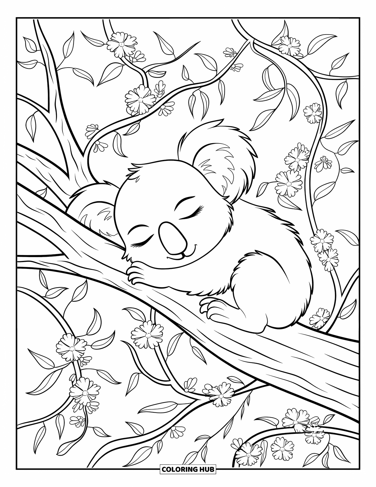 Kolorowanka z koalą dla dorosłych: Koala śpi spokojnie na gałęzi drzewa, owinięta szczegółowymi pnączami i kwiatowymi wzorami