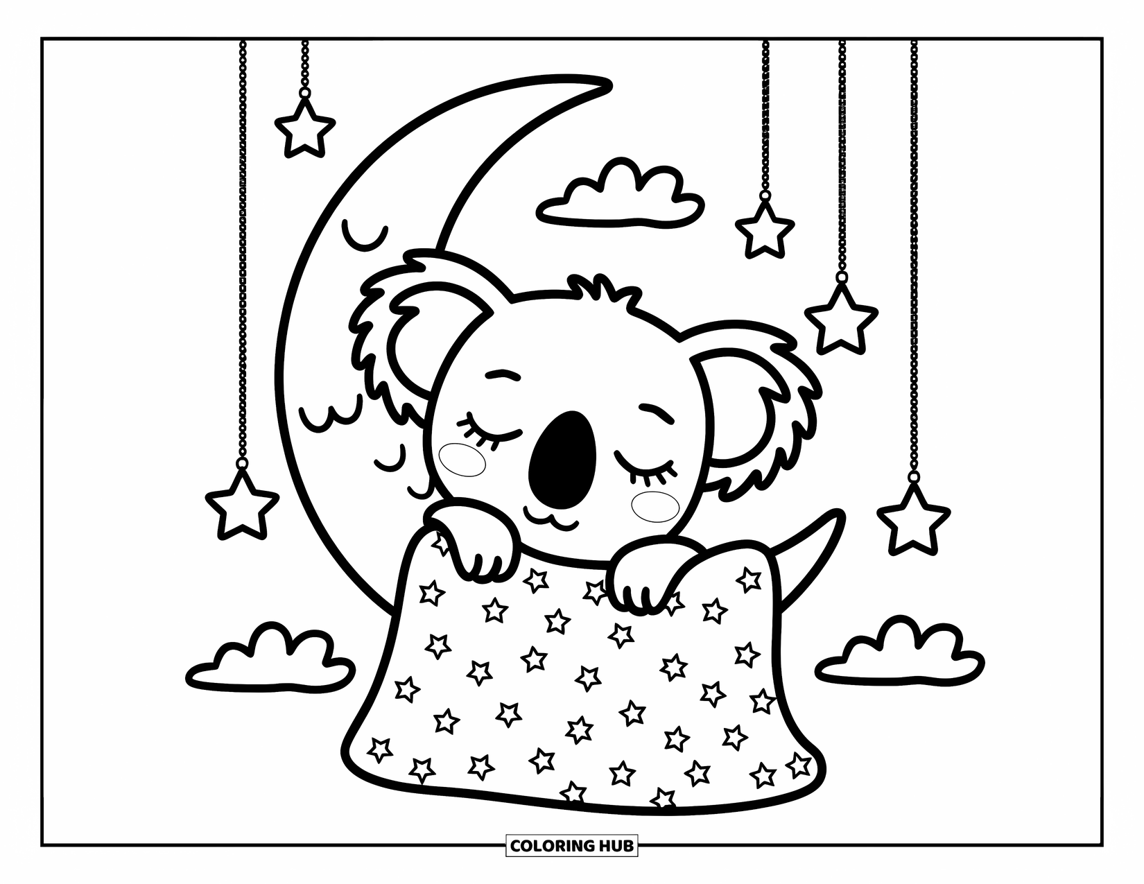 Kolorowanka z koalą dla dorosłych: Koala wtula się w gwiaździsty koc, spokojnie odpoczywając na rogaliku księżyca