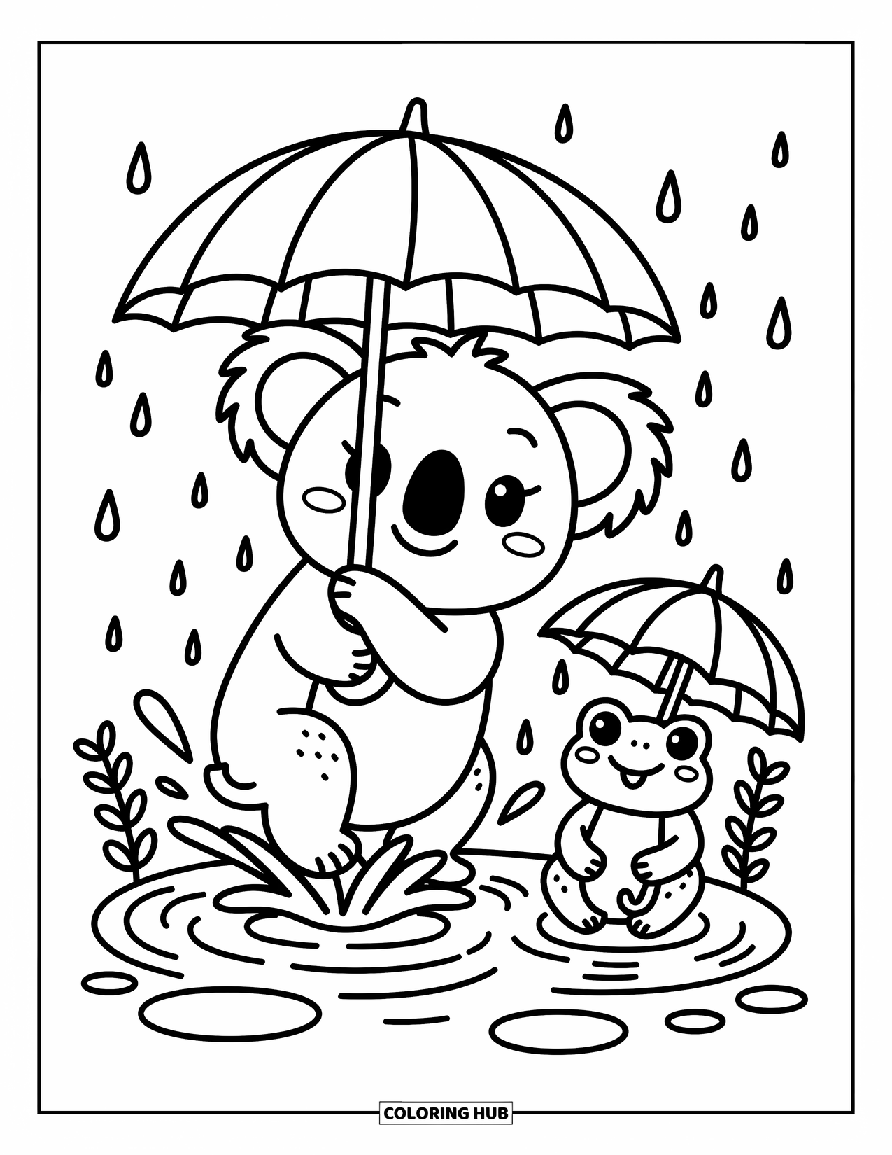 Kolorowanka z koalą dla dorosłych: Koala kręci parasolem z liścia eukaliptusa, podczas gdy mała żabka siedzi pod własnym parasolem